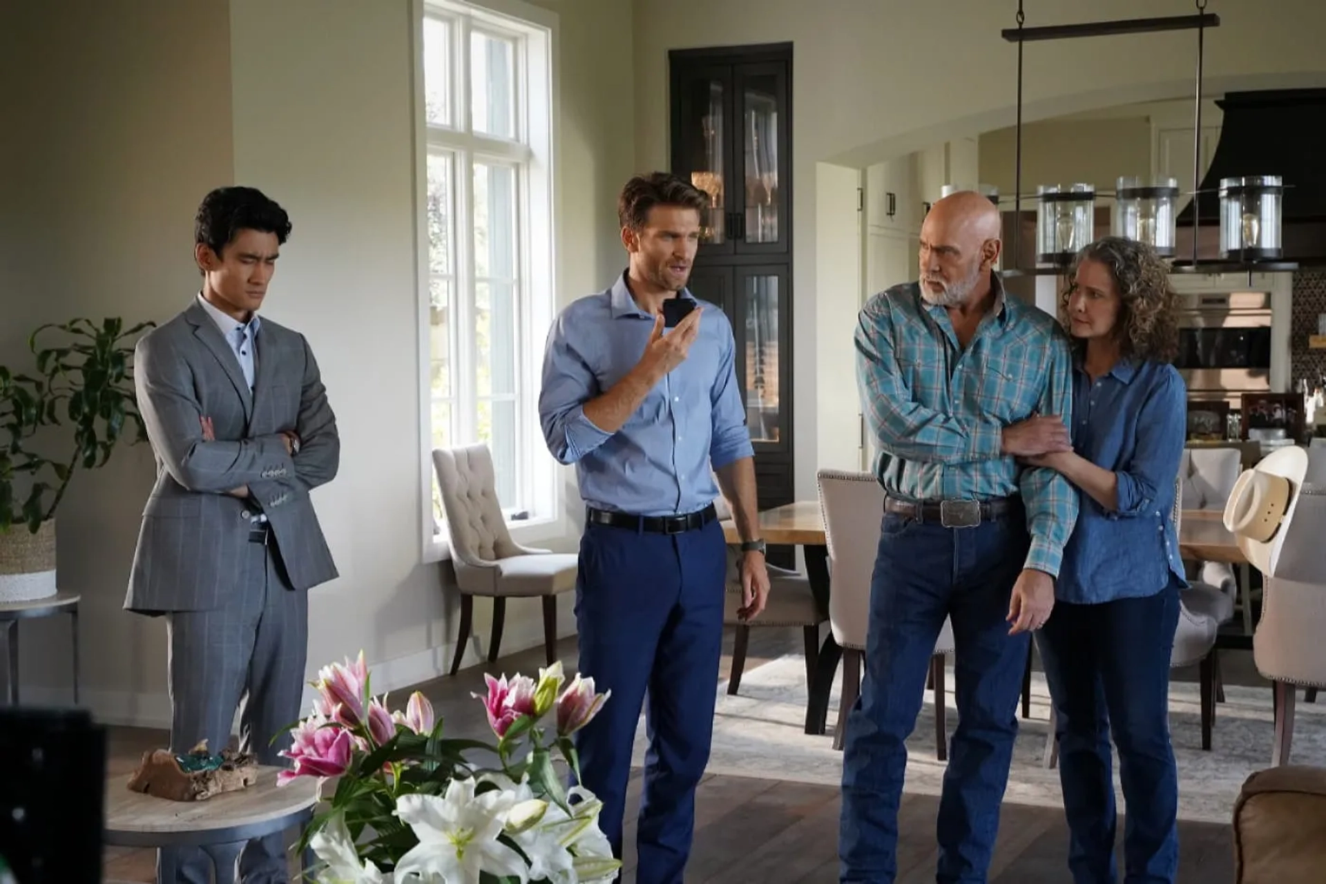 Molly Hagan, Mitch Pileggi, Keegan Allen, and Alex Landi in Walker (2021)