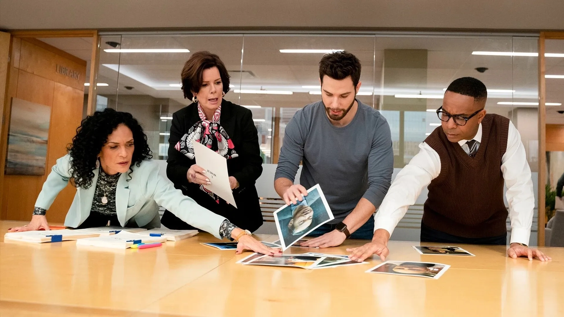 Marcia Gay Harden, Rosa Arredondo, Skylar Astin, and Tristen J. Winger in So Help Me Todd (2022)