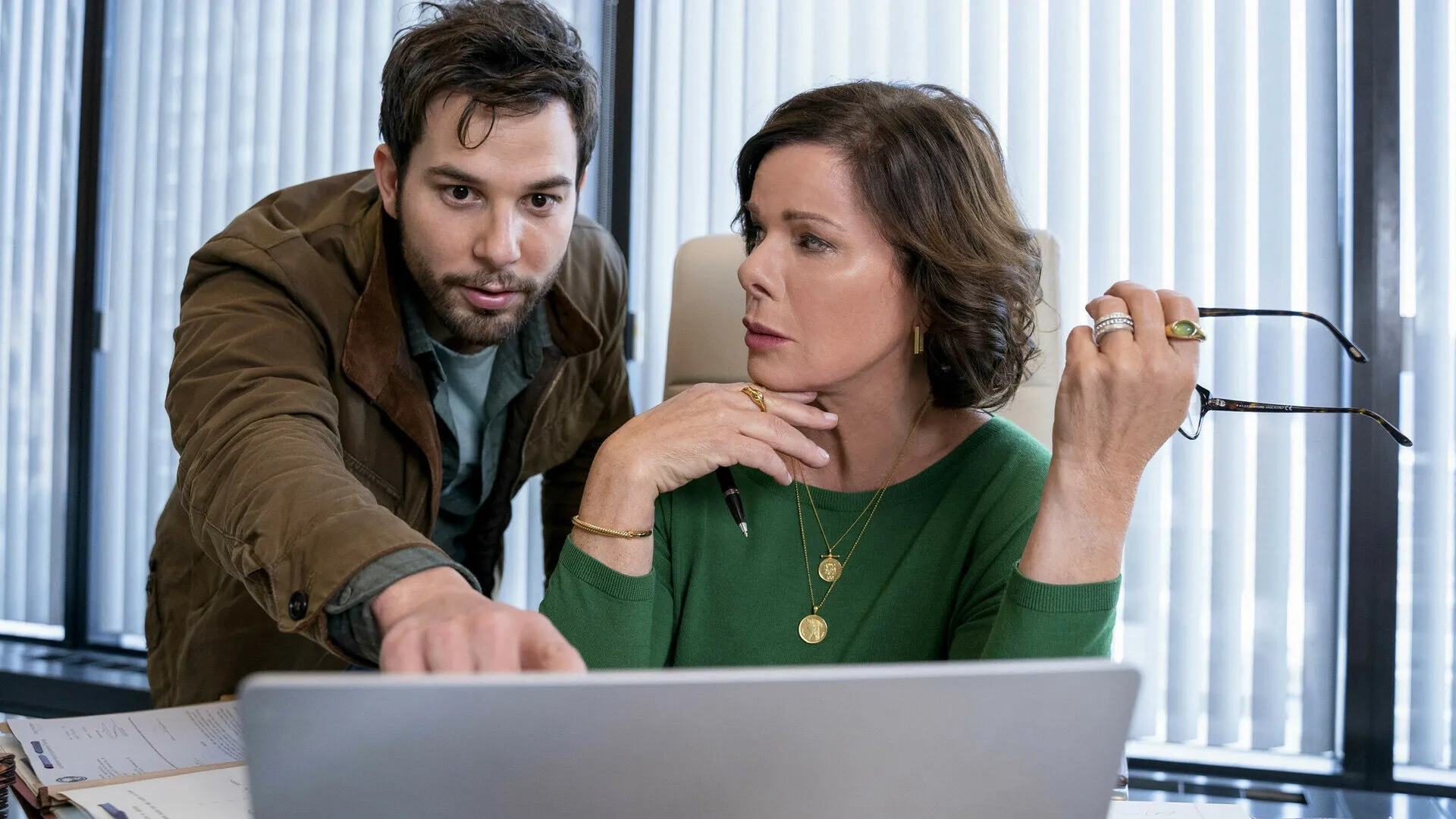 Marcia Gay Harden and Skylar Astin in So Help Me Todd (2022)