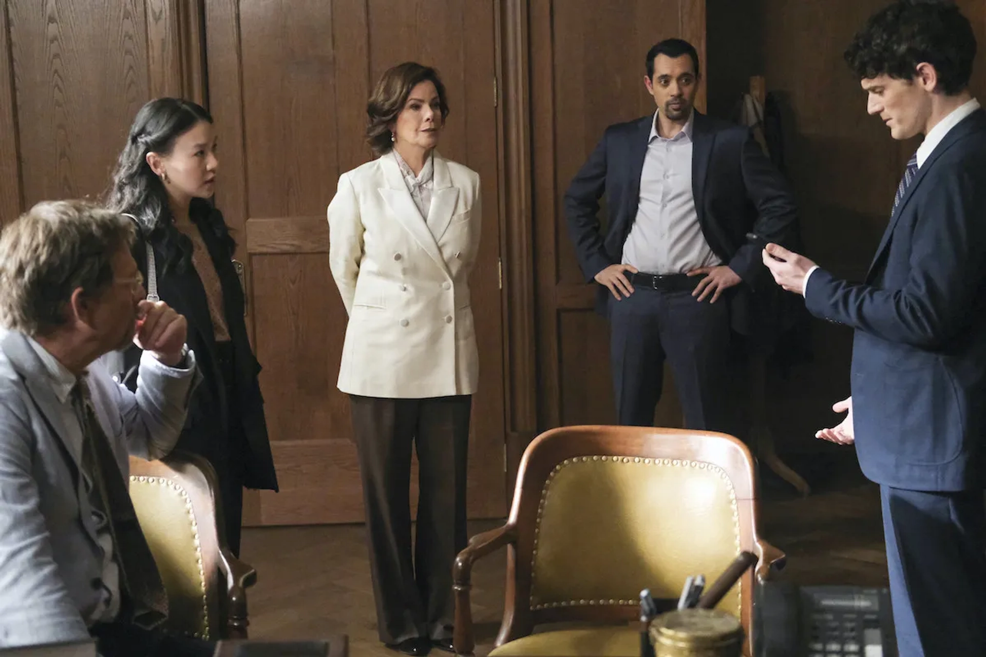 Still of Jeffrey Nordling, Doralynn Mui, Marcia Gay Harden, Sachin Sahel and Ben Bordeau in So Help Me Todd and Swipe Wright