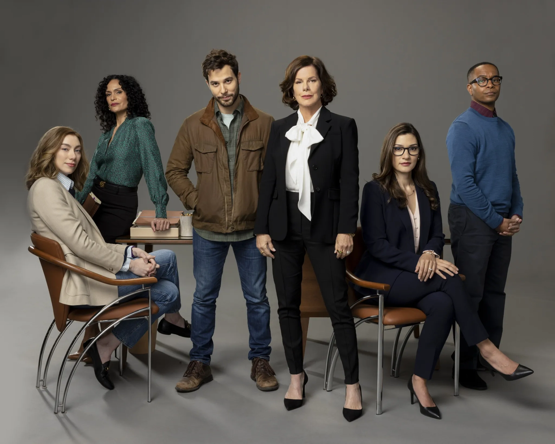 Marcia Gay Harden, Rosa Arredondo, Skylar Astin, Inga Schlingmann, Tristen J. Winger, and Madeline Wise in So Help Me Todd (2022)