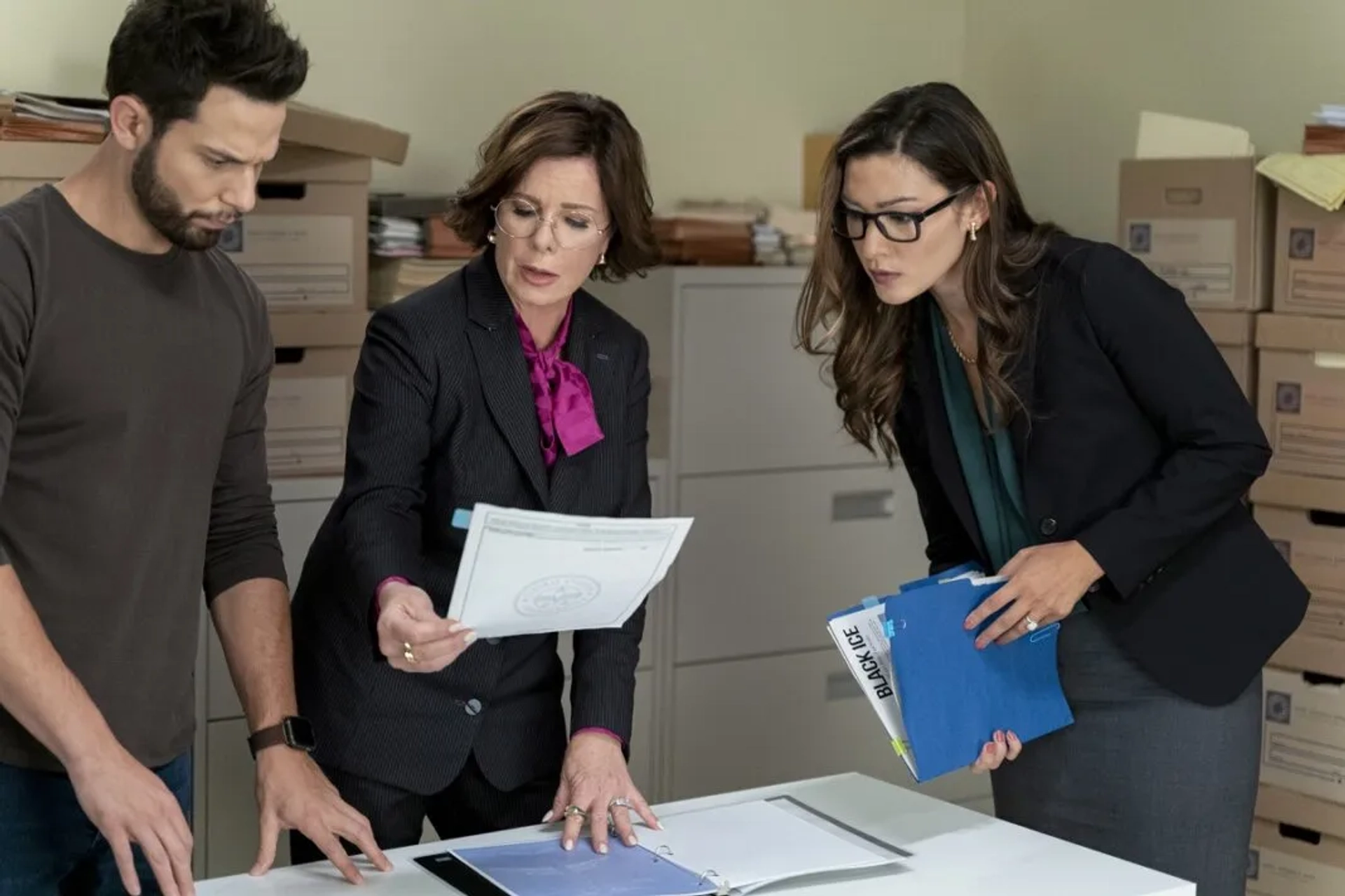 Marcia Gay Harden, Skylar Astin, and Inga Schlingmann in So Help Me Todd (2022)