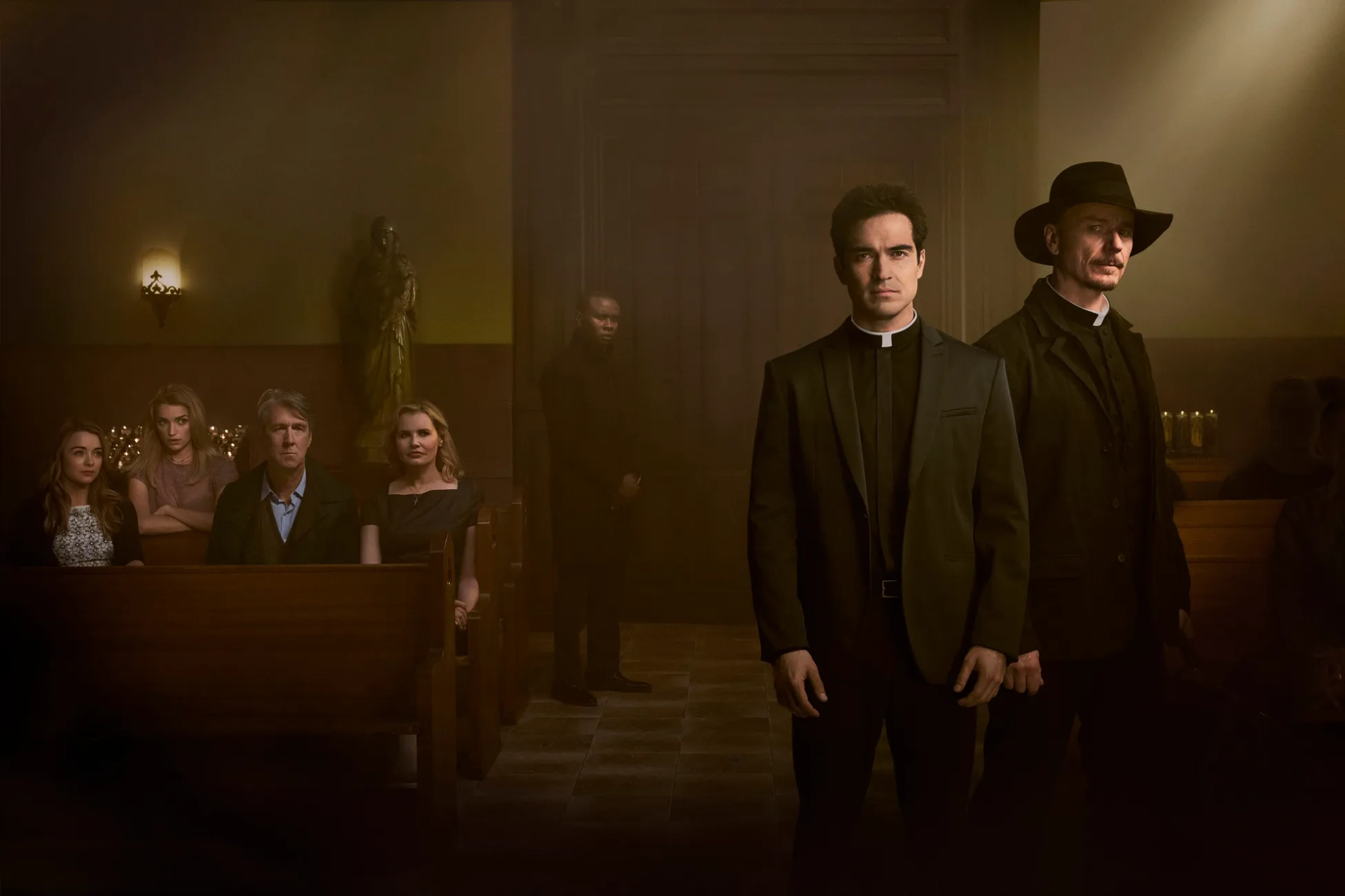 Geena Davis, Alan Ruck, Ben Daniels, Alfonso Herrera, Hannah Kasulka, Brianne Howey, and Kurt Egyiawan in The Exorcist (2016)