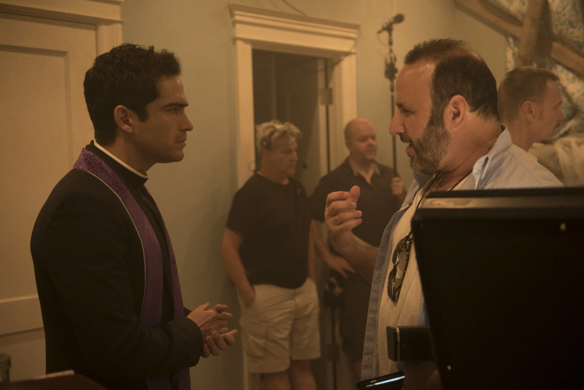 Jason Ensler and Alfonso Herrera on set of The Exorcist.