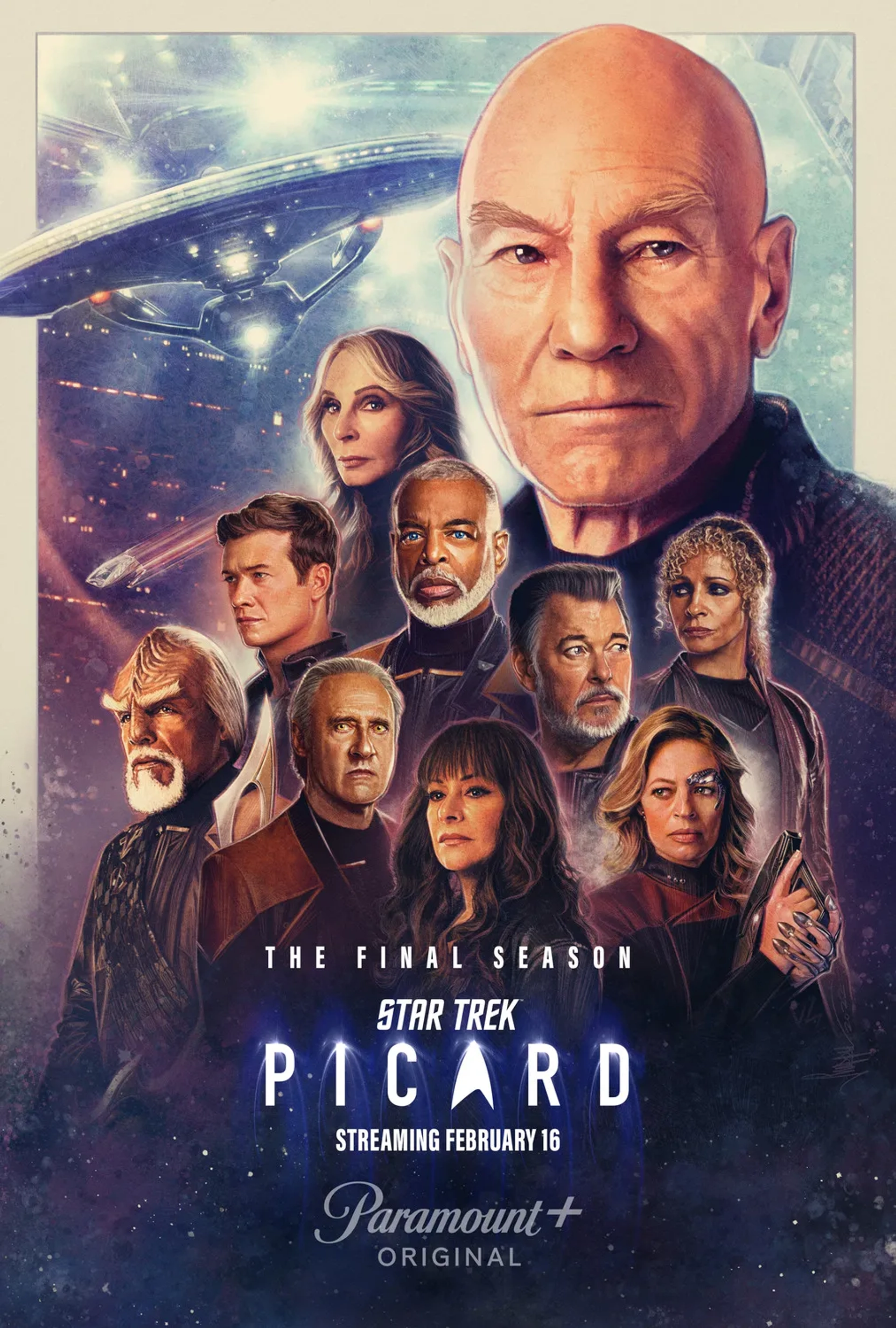 Michael Dorn, Jonathan Frakes, Gates McFadden, Marina Sirtis, Brent Spiner, LeVar Burton, Patrick Stewart, Jeri Ryan, Michelle Hurd, and Ed Speleers in Star Trek: Picard (2020)