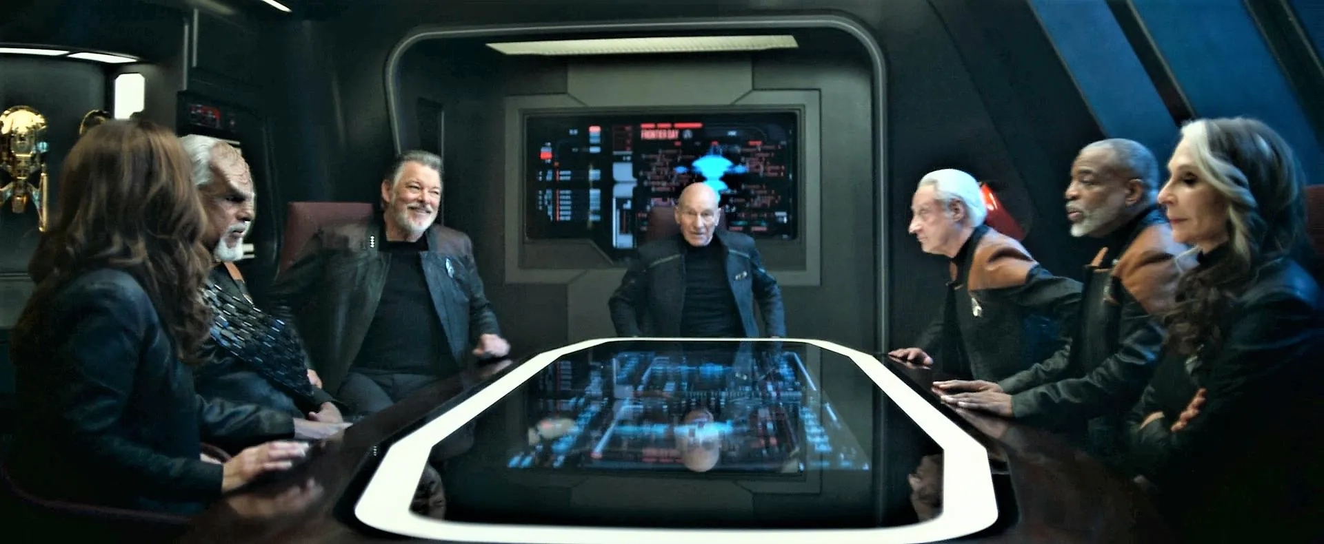 Michael Dorn, Jonathan Frakes, Gates McFadden, Marina Sirtis, Brent Spiner, LeVar Burton, and Patrick Stewart in Star Trek: Picard: Surrender (2023)