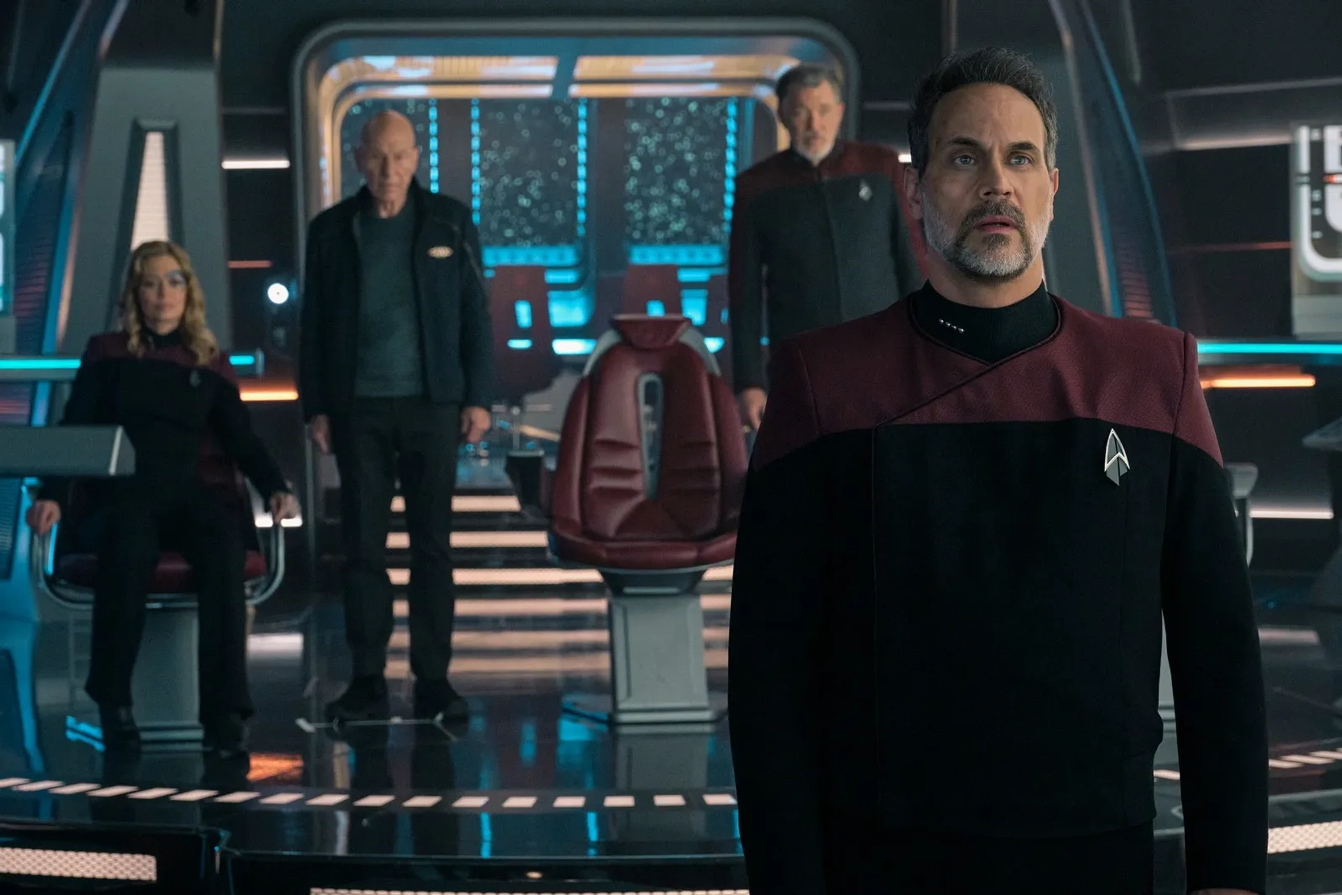 Jonathan Frakes, Patrick Stewart, Jeri Ryan, and Todd Stashwick in Star Trek: Picard: Imposters (2023)