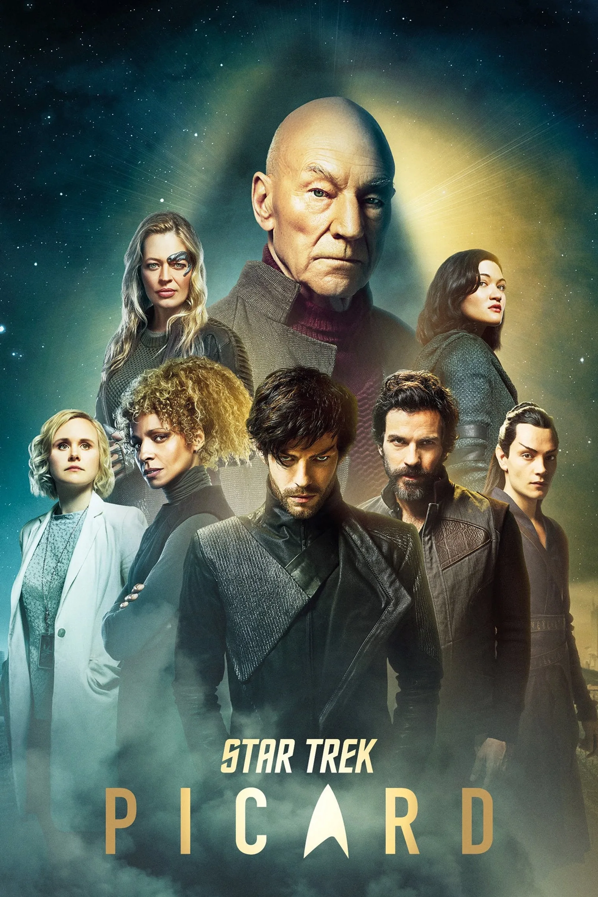 Patrick Stewart, Jeri Ryan, Michelle Hurd, Alison Pill, Evan Evagora, Santiago Cabrera, Harry Treadaway, and Isa Briones in Star Trek: Picard (2020)