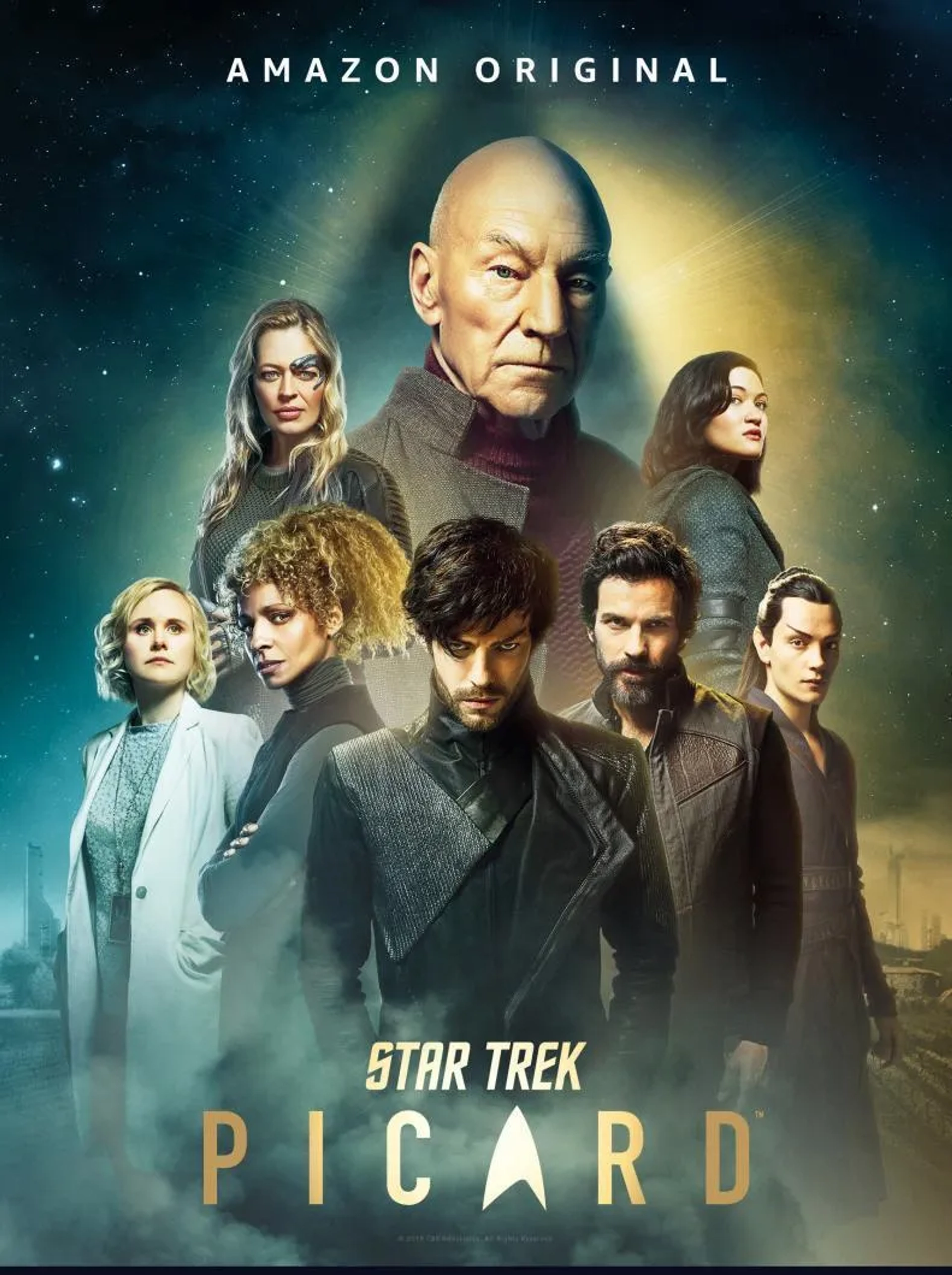 Patrick Stewart, Jeri Ryan, Michelle Hurd, Alison Pill, Evan Evagora, Santiago Cabrera, Harry Treadaway, and Isa Briones in Star Trek: Picard (2020)