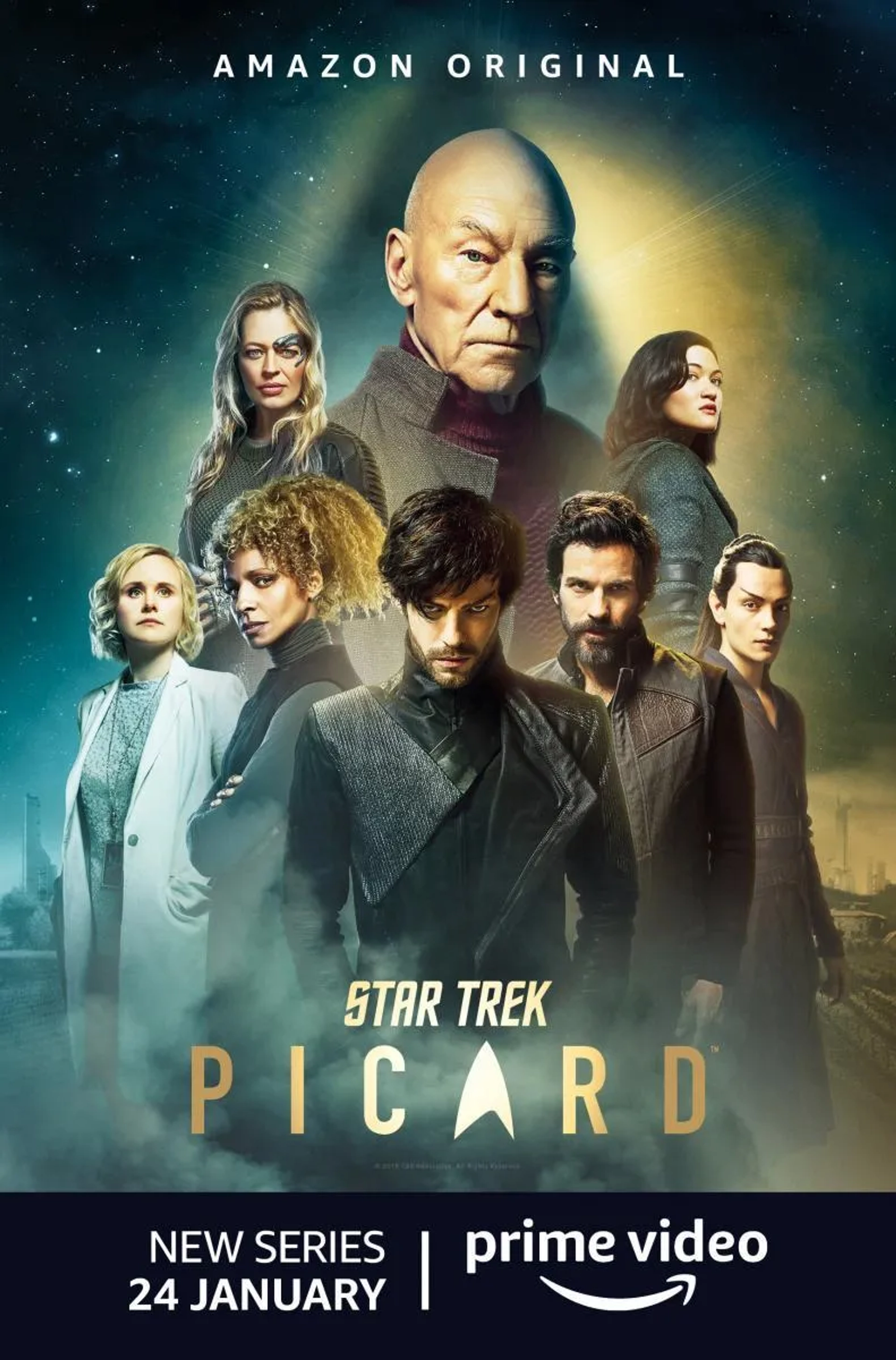 Patrick Stewart, Jeri Ryan, Michelle Hurd, Alison Pill, Evan Evagora, Santiago Cabrera, Harry Treadaway, and Isa Briones in Star Trek: Picard (2020)