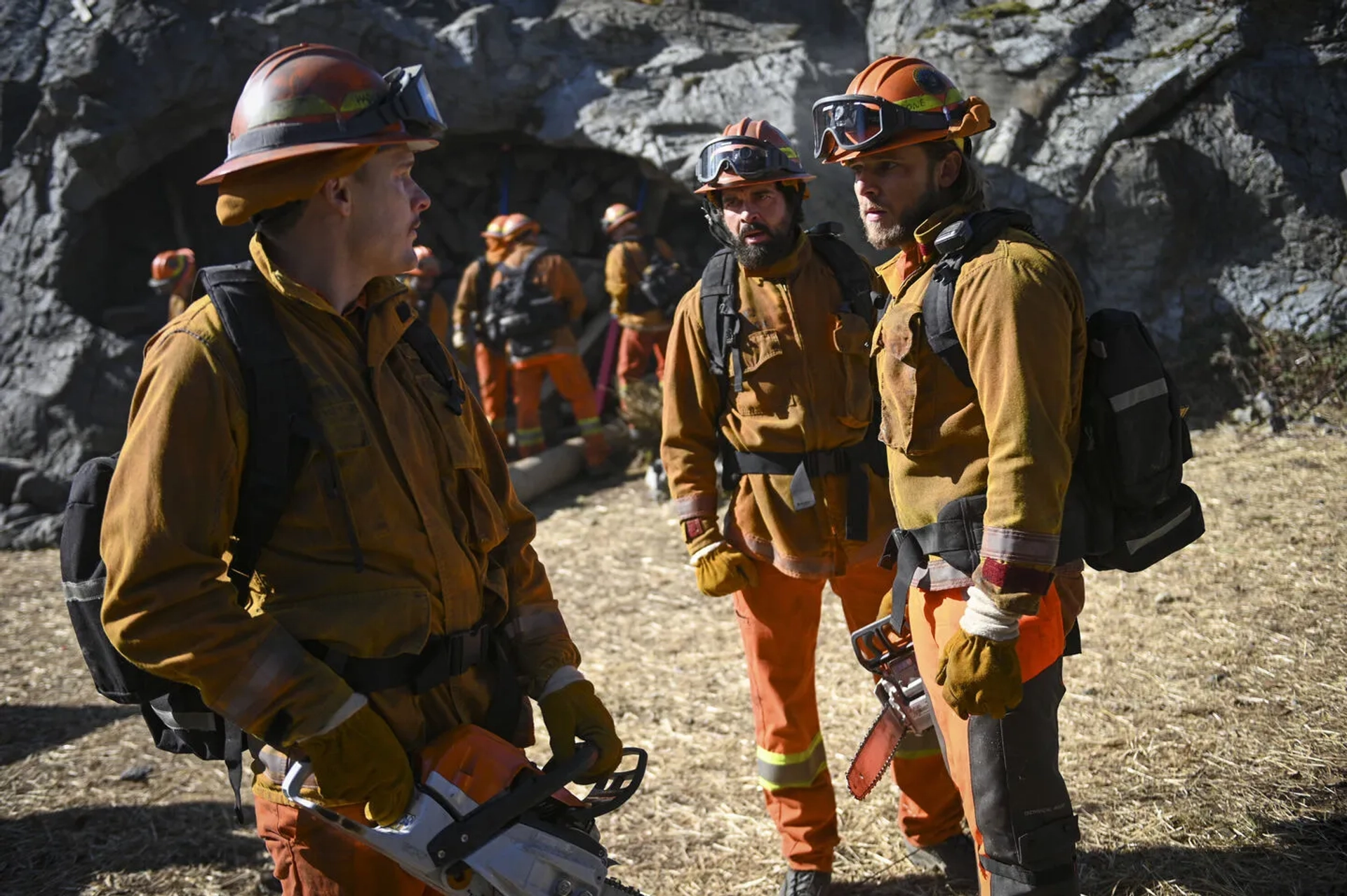 Max Thieriot, Mark Krysko, and Grant Harvey in Fire Country (2022)