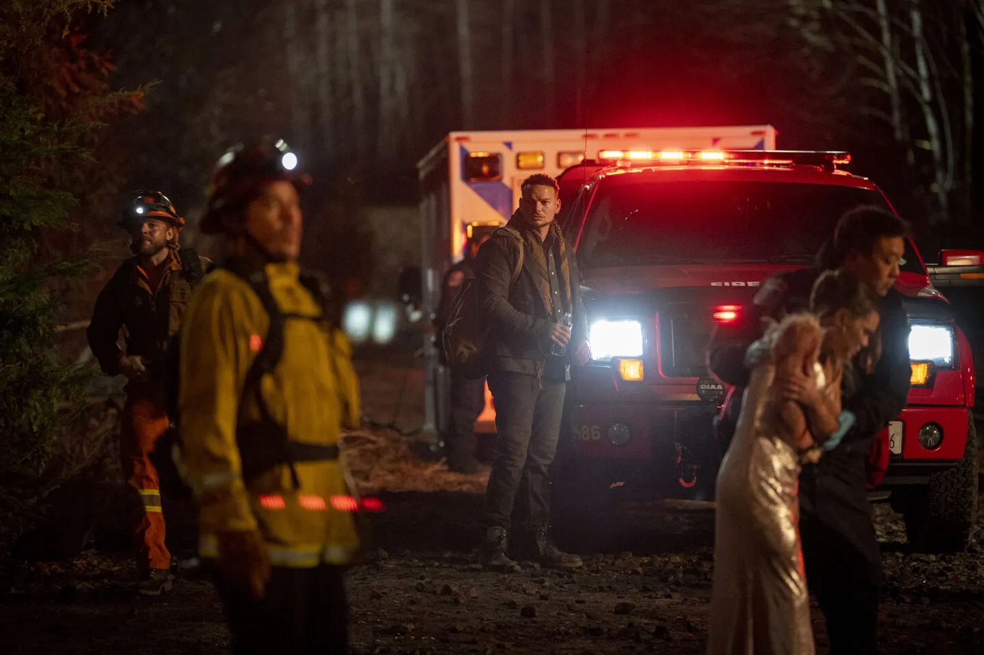 Kevin Alejandro, Max Thieriot, and Kane Brown in Fire Country (2022)