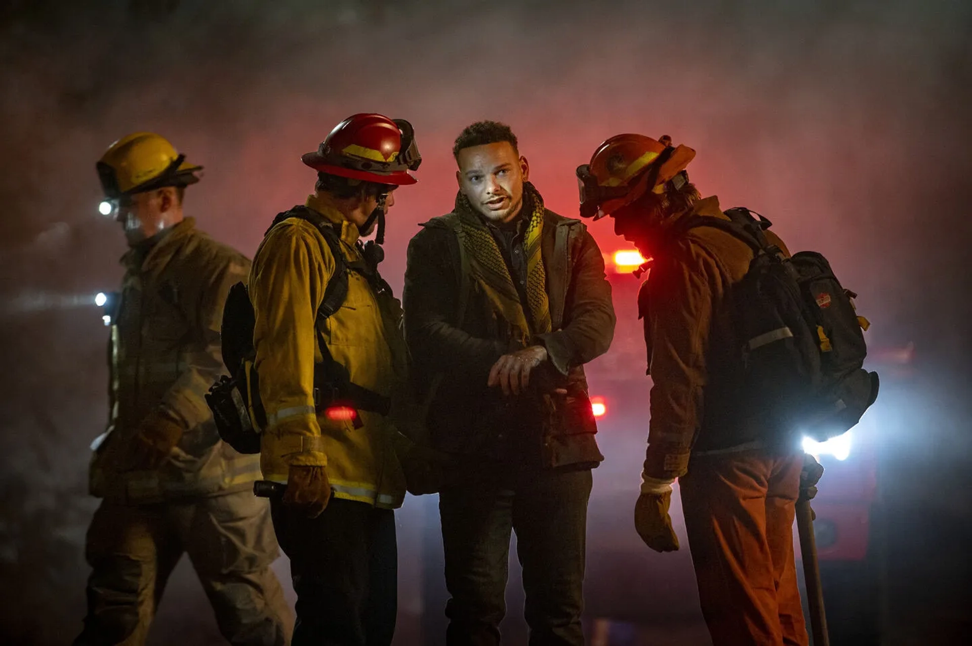 Kevin Alejandro, Max Thieriot, and Kane Brown in Fire Country (2022)