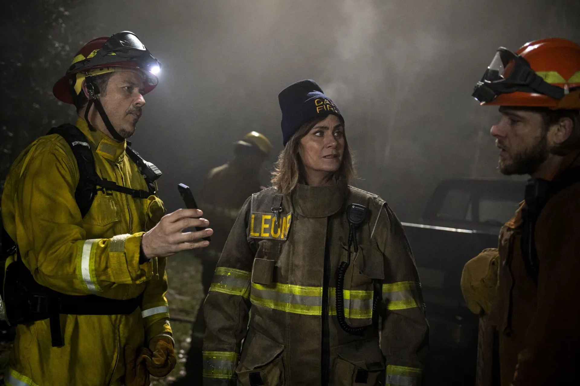 Diane Farr, Kevin Alejandro, and Max Thieriot in Fire Country (2022)