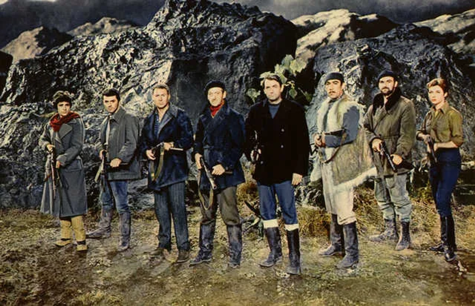 David Niven, Gregory Peck, Anthony Quinn, Stanley Baker, James Darren, Irene Papas, Anthony Quayle, and Gia Scala in The Guns of Navarone (1961)