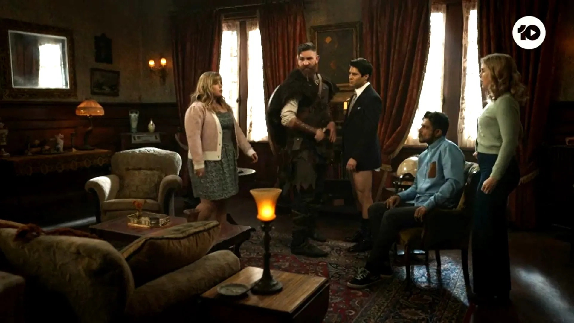 Rose McIver, Utkarsh Ambudkar, Jessie Ennis, Asher Grodman, and Devan Chandler Long in Ghosts (2021)