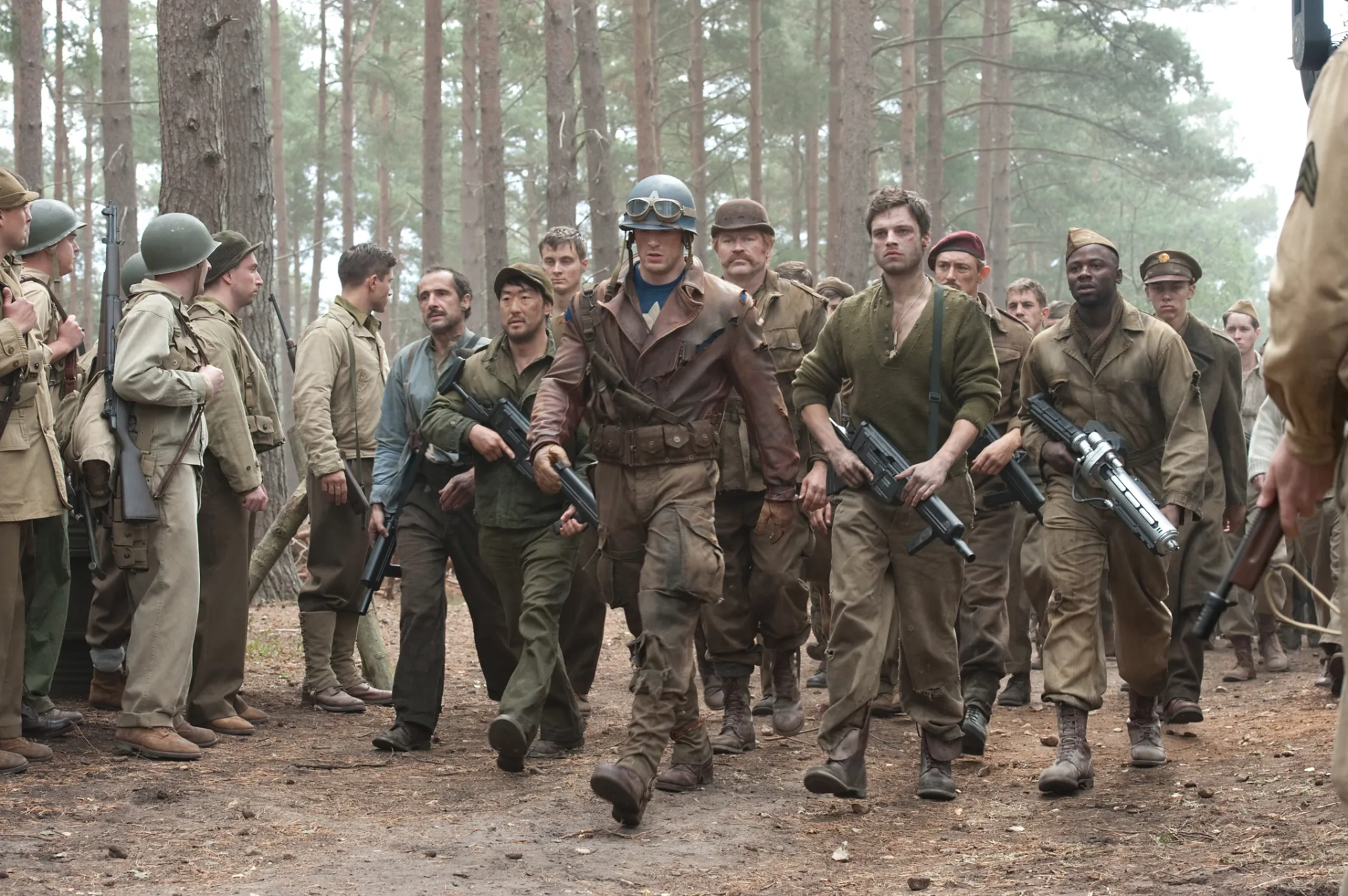 Kenneth Choi, Chris Evans, JJ Feild, Neal McDonough, Bruno Ricci, Derek Luke, and Sebastian Stan in Captain America: The First Avenger (2011)