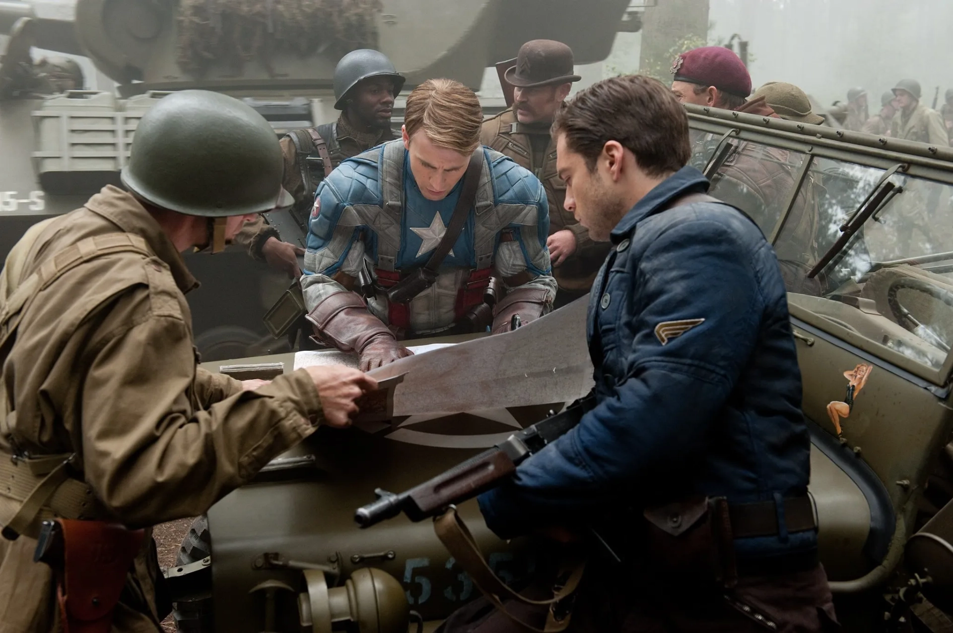 Kenneth Choi, Chris Evans, JJ Feild, Neal McDonough, Derek Luke, and Sebastian Stan in Captain America: The First Avenger (2011)