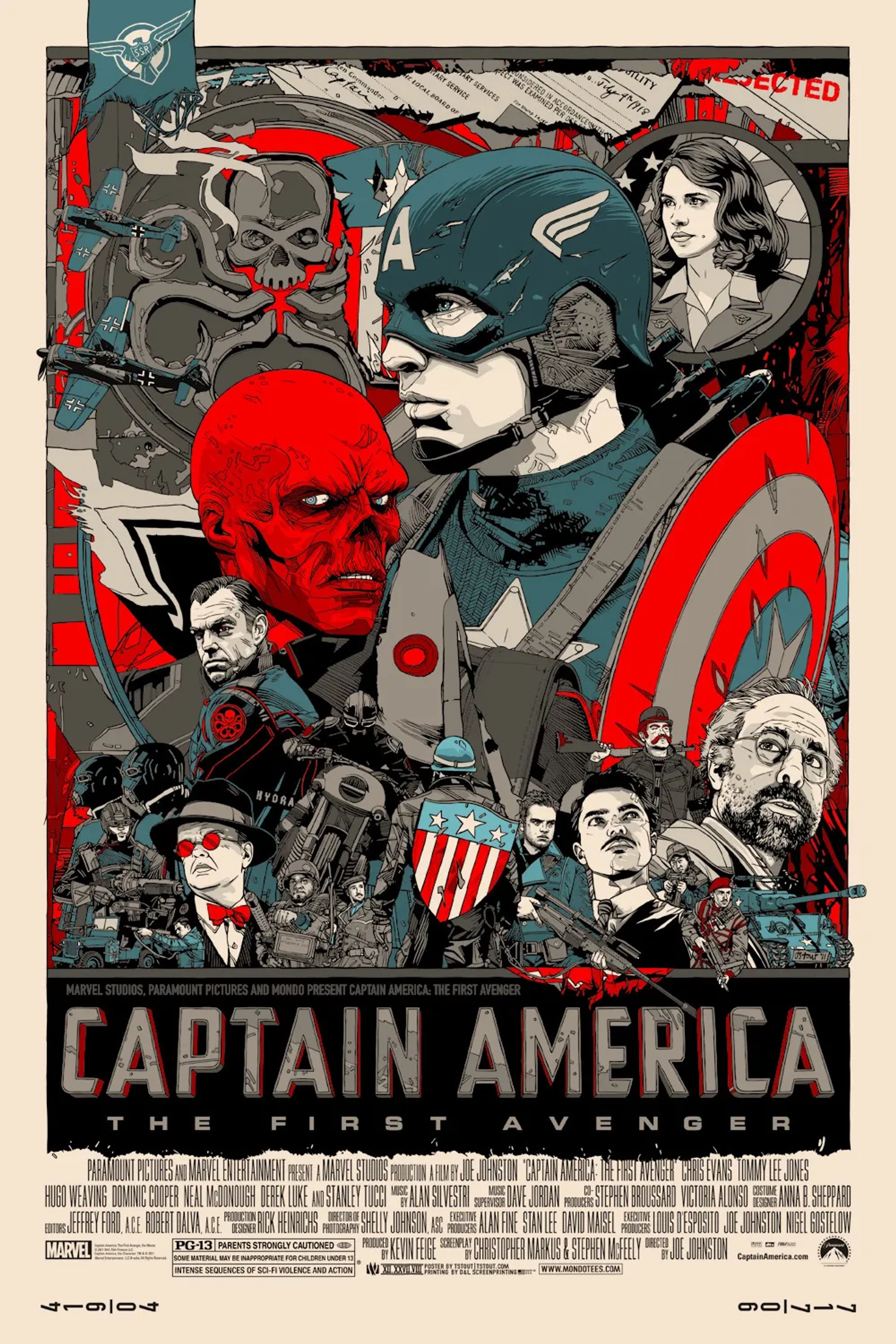 Tommy Lee Jones, Stanley Tucci, Kenneth Choi, Chris Evans, JJ Feild, Toby Jones, Neal McDonough, Bruno Ricci, Hugo Weaving, Dominic Cooper, Derek Luke, Sebastian Stan, and Hayley Atwell in Captain America: The First Avenger (2011)