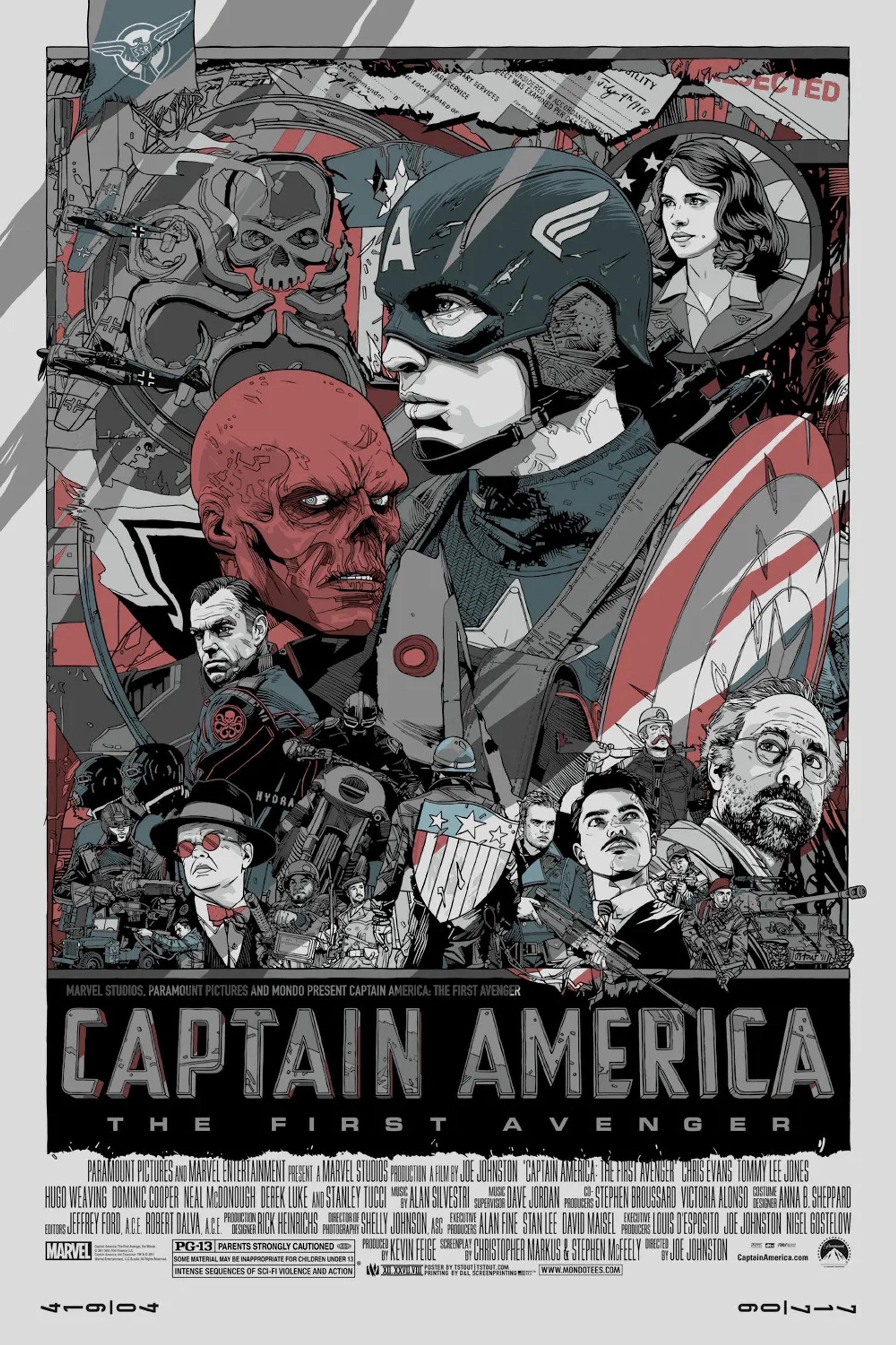 Tommy Lee Jones, Stanley Tucci, Kenneth Choi, Chris Evans, JJ Feild, Toby Jones, Neal McDonough, Bruno Ricci, Hugo Weaving, Dominic Cooper, Derek Luke, Sebastian Stan, and Hayley Atwell in Captain America: The First Avenger (2011)