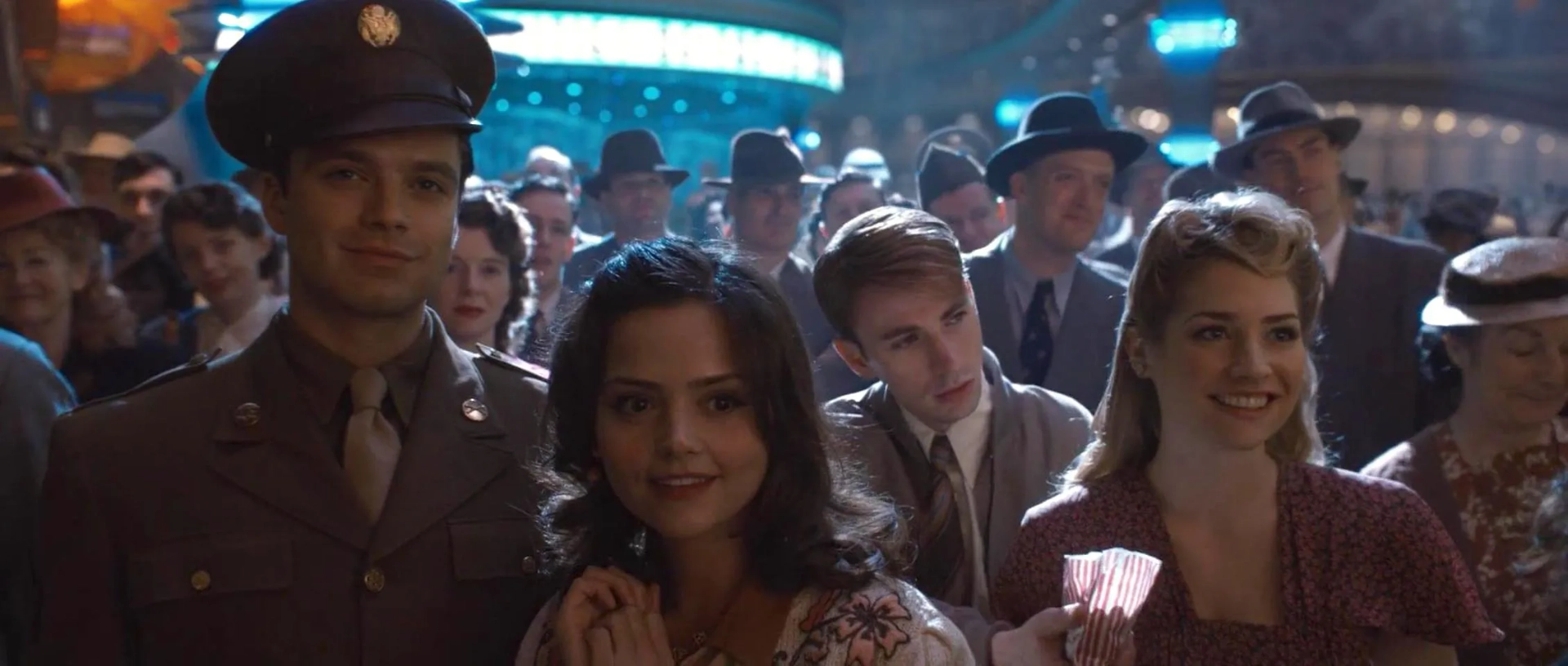 Chris Evans, Sebastian Stan, Jenna Coleman, and Sophie Colquhoun in Captain America: The First Avenger (2011)