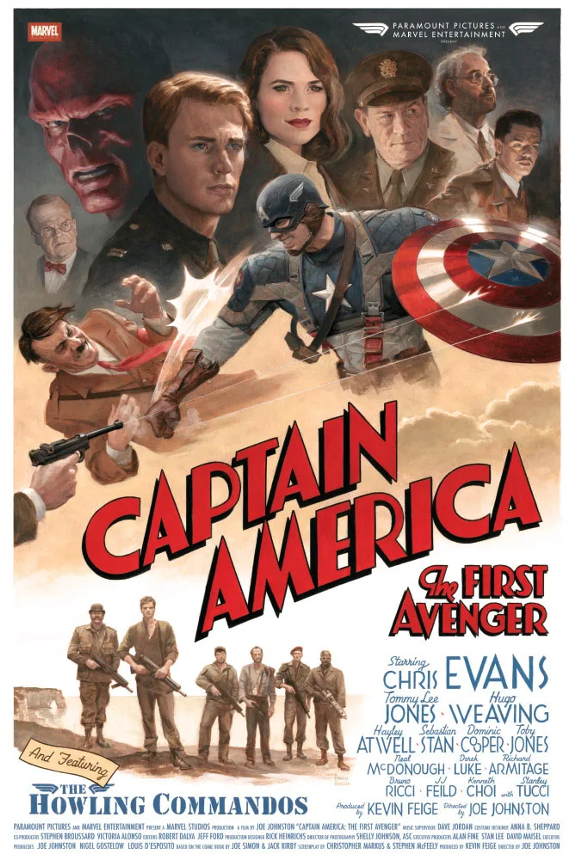 Tommy Lee Jones, Stanley Tucci, Kenneth Choi, Chris Evans, JJ Feild, Toby Jones, Neal McDonough, Bruno Ricci, Hugo Weaving, Dominic Cooper, Derek Luke, James Payton, Sebastian Stan, and Hayley Atwell in Captain America: The First Avenger (2011)