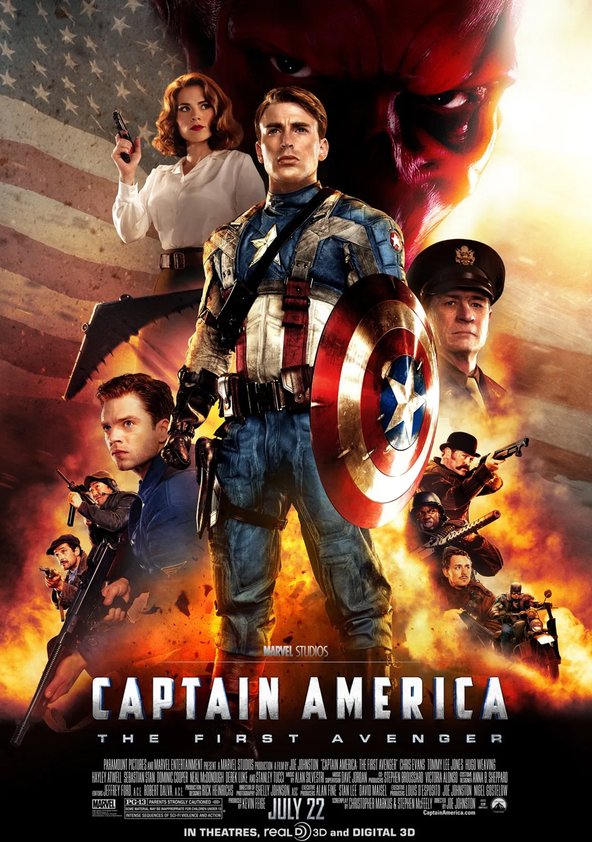 Tommy Lee Jones, Kenneth Choi, Chris Evans, JJ Feild, Neal McDonough, Bruno Ricci, Hugo Weaving, Derek Luke, Sebastian Stan, and Hayley Atwell in Captain America: The First Avenger (2011)