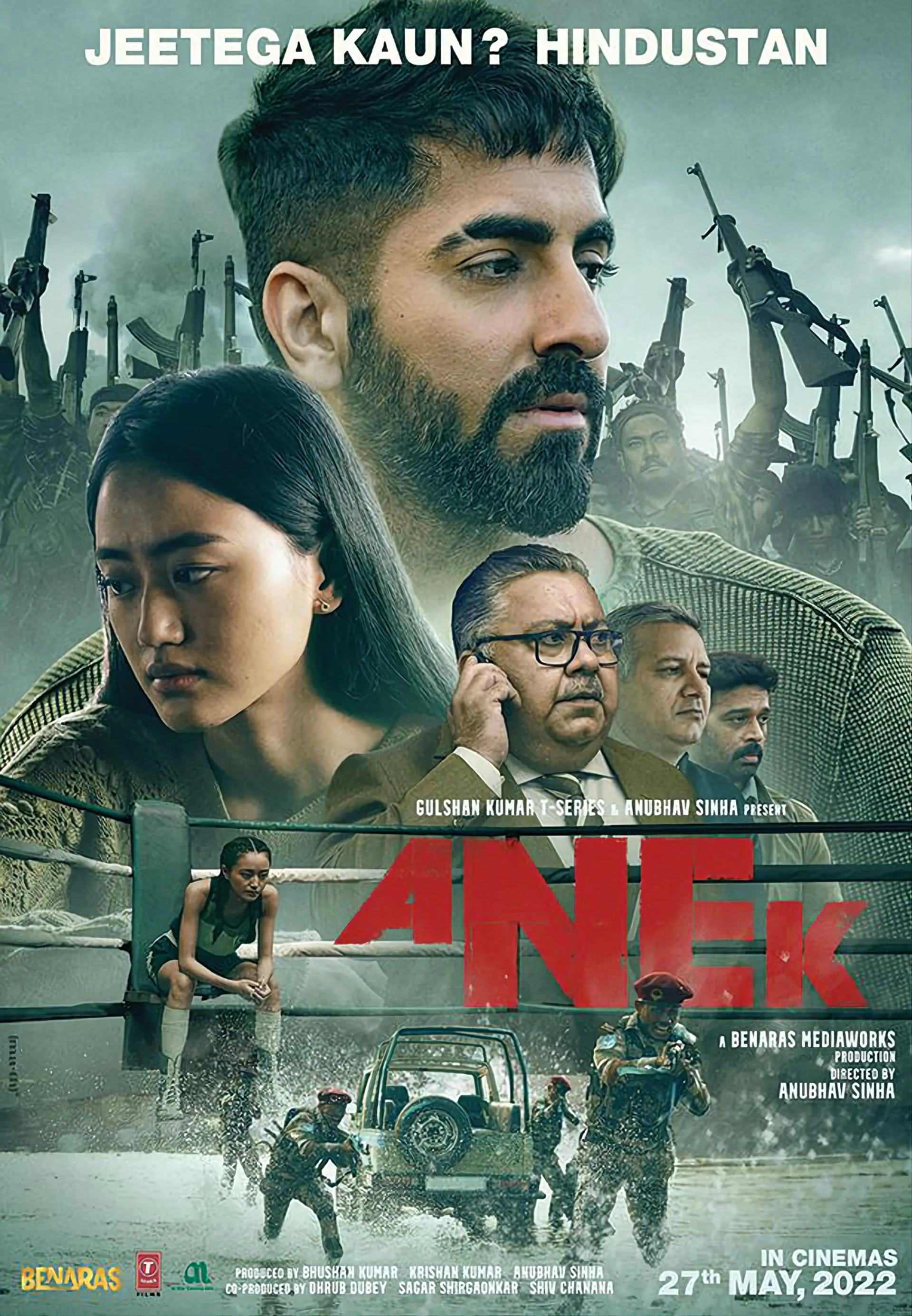 J.D. Chakravarthi, Manoj Pahwa, Kumud Mishra, Andrea Kevichüsa, and Ayushmann Khurrana in Anek (2022)