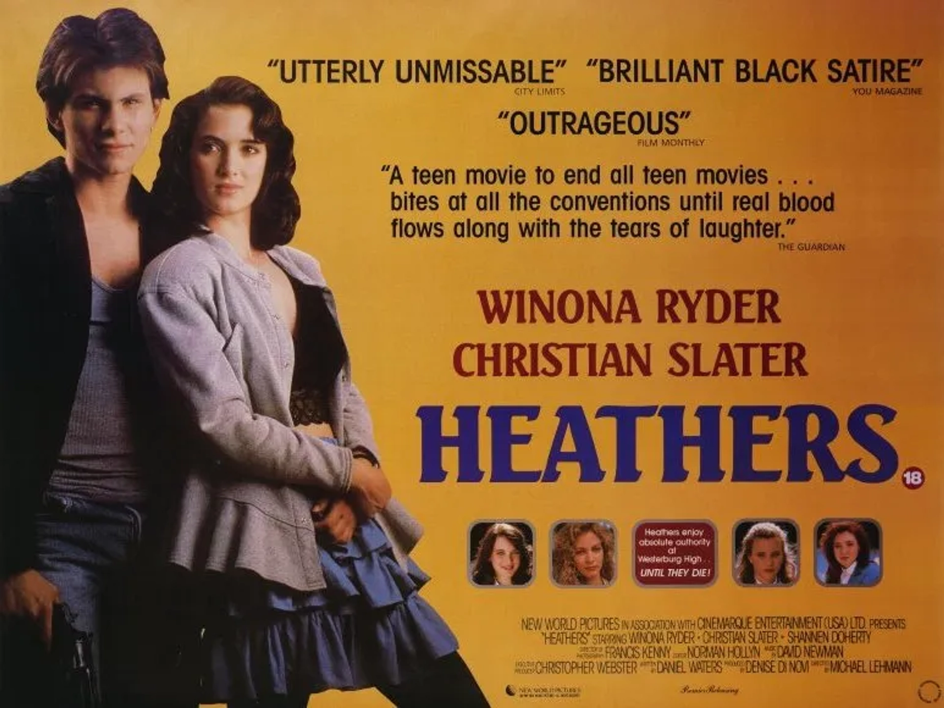 Winona Ryder, Christian Slater, Shannen Doherty, Lisanne Falk, and Kim Walker in Heathers (1988)