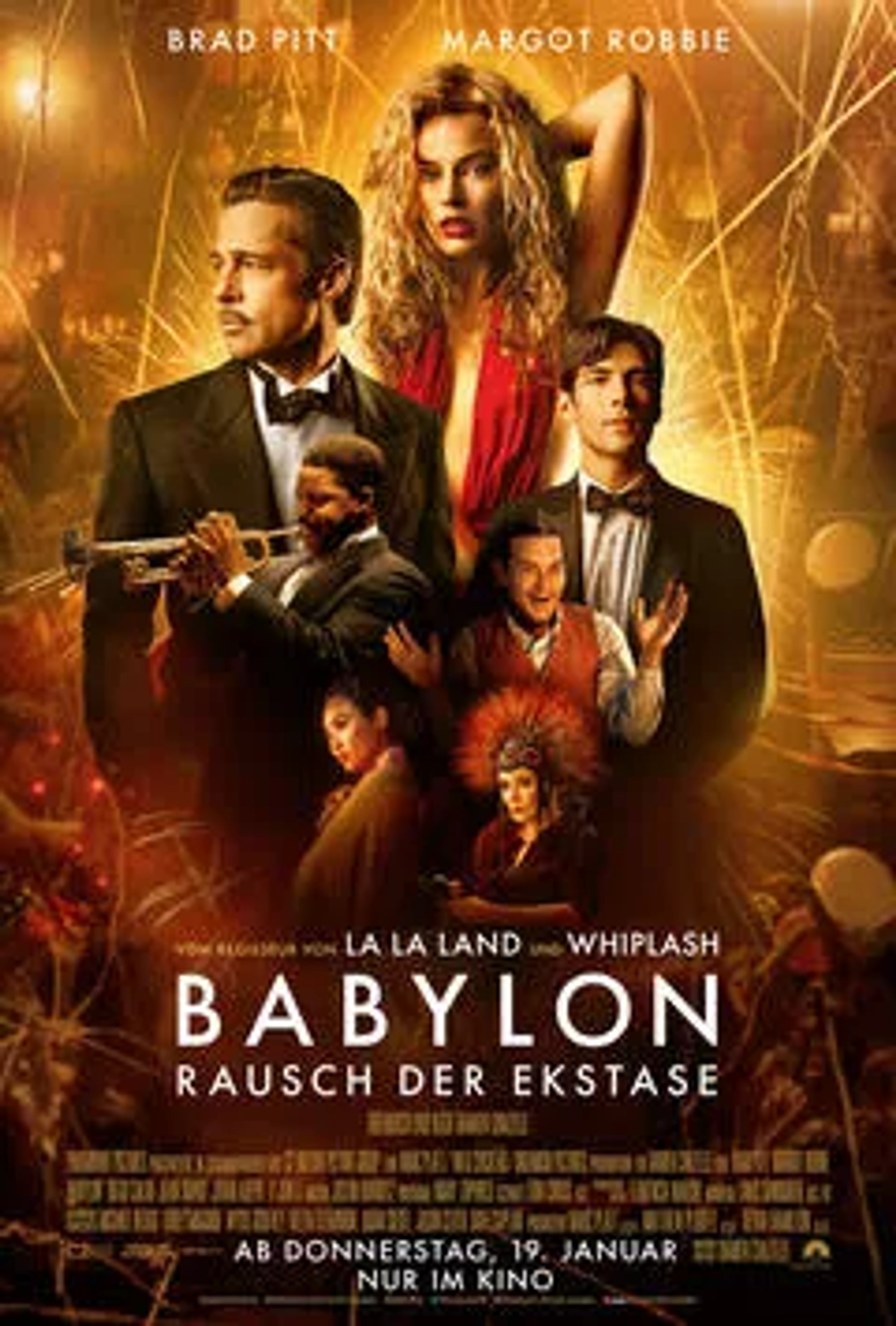 Brad Pitt, Tobey Maguire, Jean Smart, Margot Robbie, Diego Calva, Li Jun Li, and Jovan Adepo in Babylon (2022)