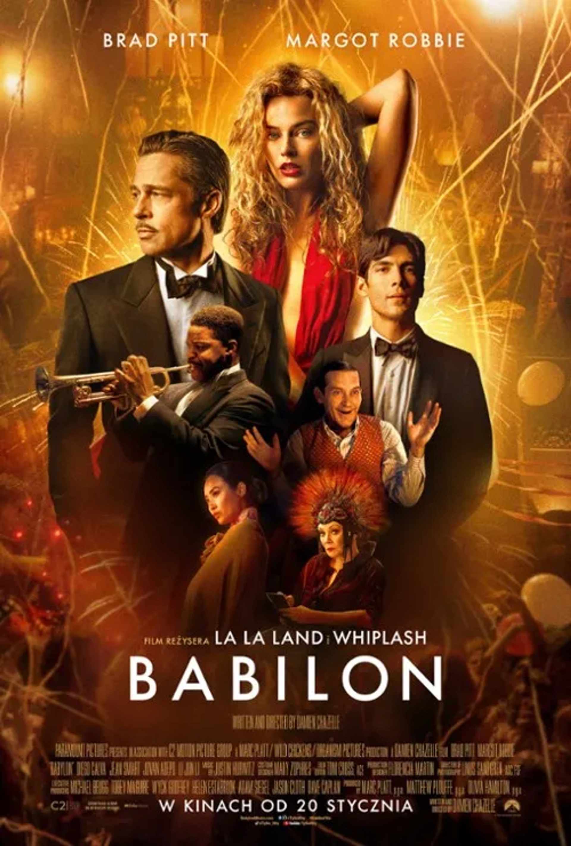 Brad Pitt, Tobey Maguire, Jean Smart, Margot Robbie, Diego Calva, Li Jun Li, and Jovan Adepo in Babylon (2022)