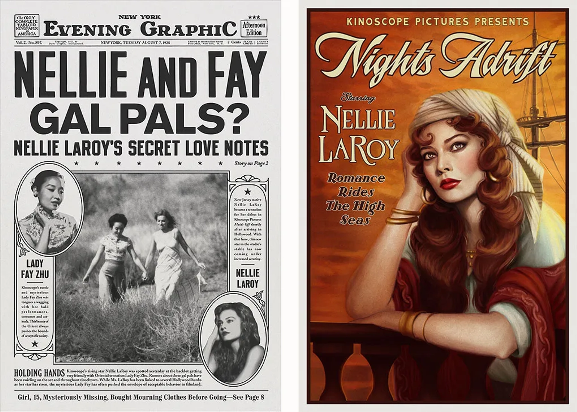 BABYLON - Margot Robbie as Nellie LaRoy movie poster and tabloid newspaper featuring Nellie LaRoy and Lady Fay Zhu (Li Jun Li)