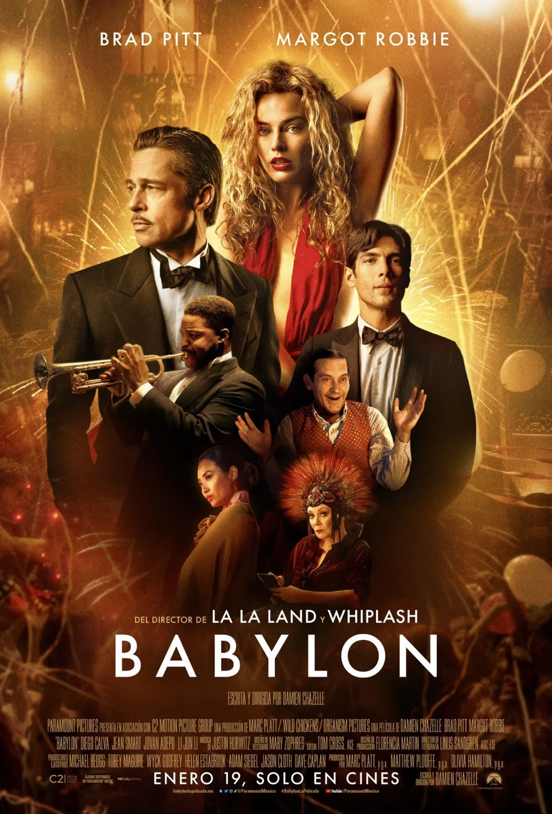 Brad Pitt, Tobey Maguire, Jean Smart, Margot Robbie, Diego Calva, Li Jun Li, and Jovan Adepo in Babylon (2022)