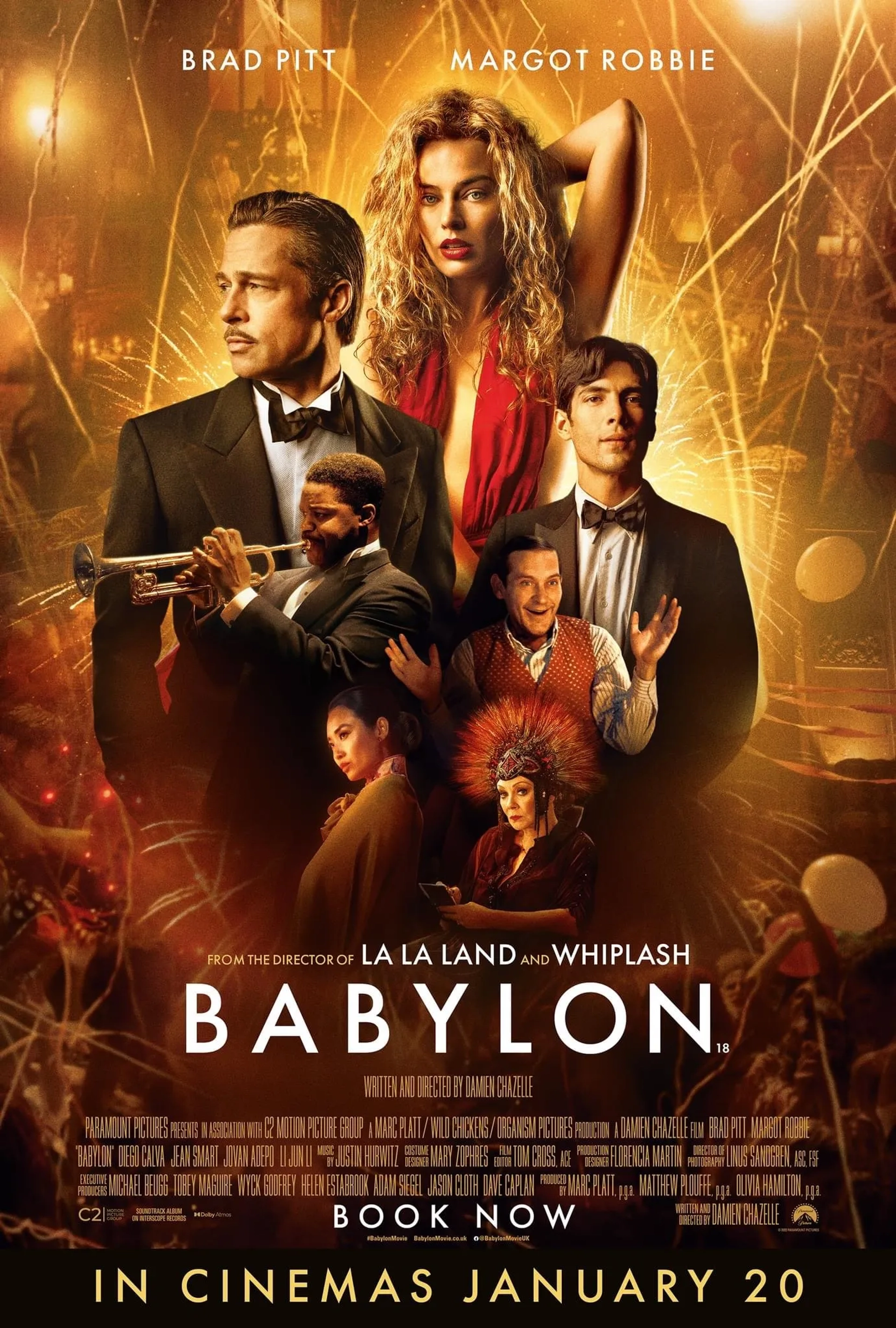 Brad Pitt, Tobey Maguire, Jean Smart, Margot Robbie, Diego Calva, Li Jun Li, and Jovan Adepo in Babylon (2022)