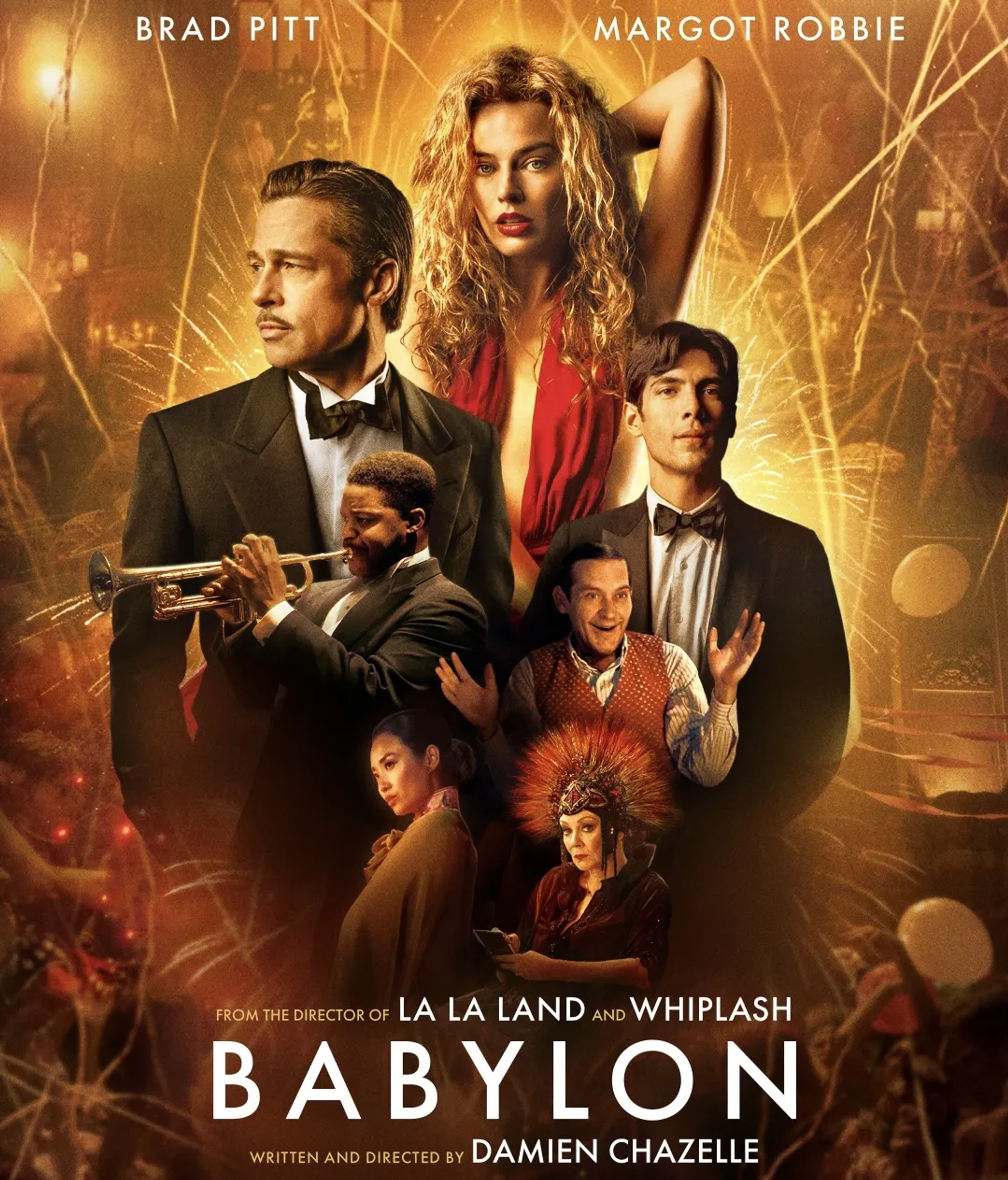 Brad Pitt, Tobey Maguire, Jean Smart, Margot Robbie, Diego Calva, Li Jun Li, and Jovan Adepo in Babylon (2022)