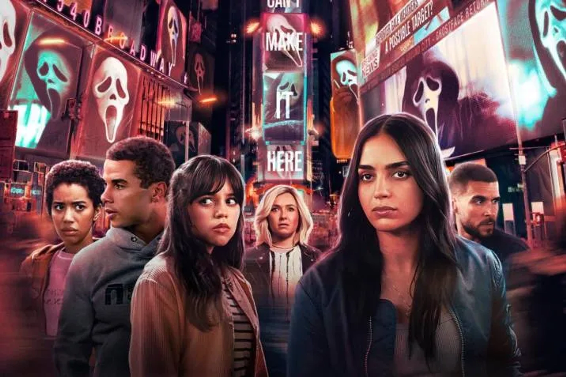 Hayden Panettiere, Josh Segarra, Mason Gooding, Melissa Barrera, Jenna Ortega, and Jasmin Savoy Brown in Scream VI (2023)