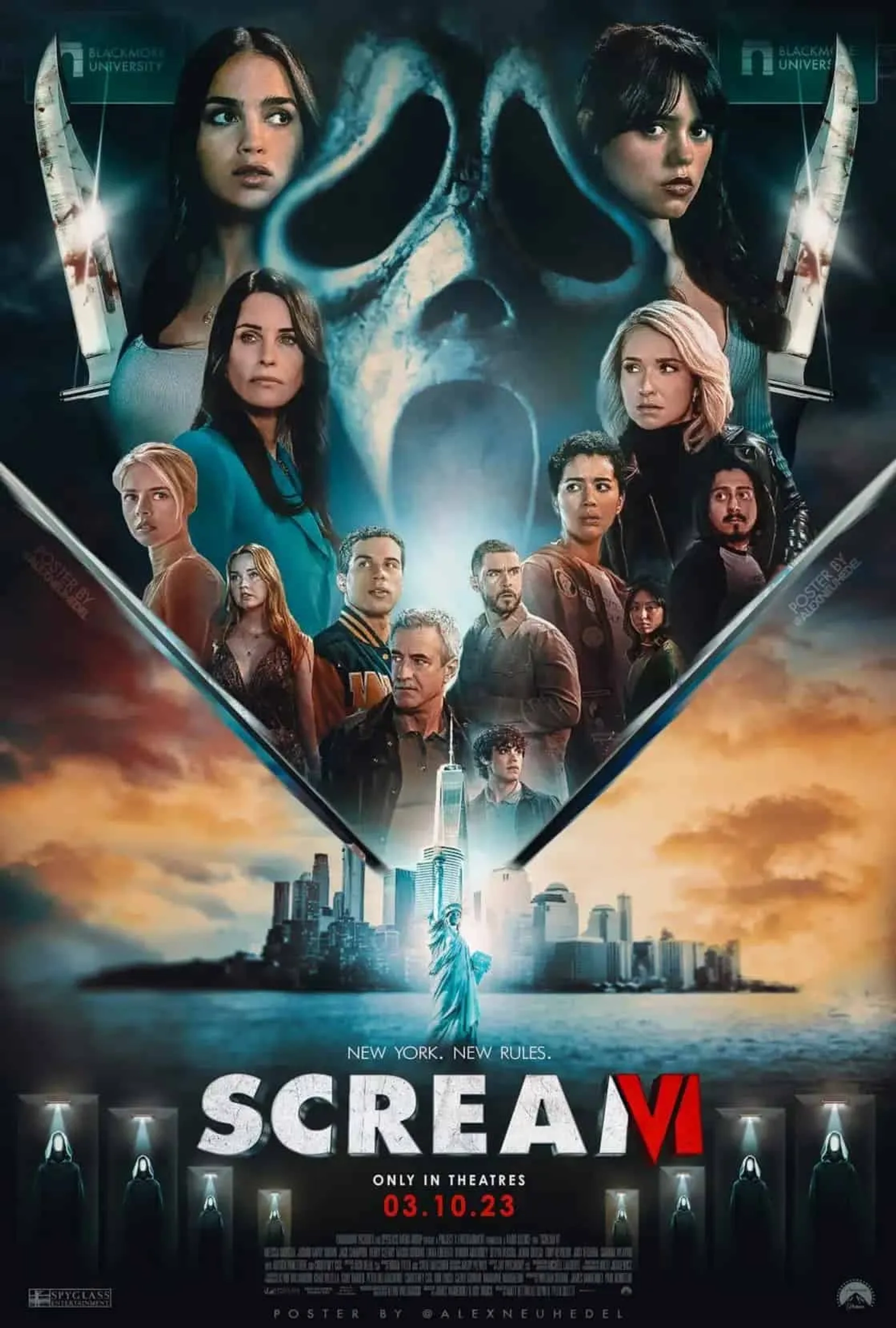 Dermot Mulroney, Courteney Cox, Hayden Panettiere, Tony Revolori, Liana Liberato, Josh Segarra, Mason Gooding, Samara Weaving, Melissa Barrera, Jenna Ortega, Jasmin Savoy Brown, Jack Champion, and Devyn Nekoda in Scream VI (2023)