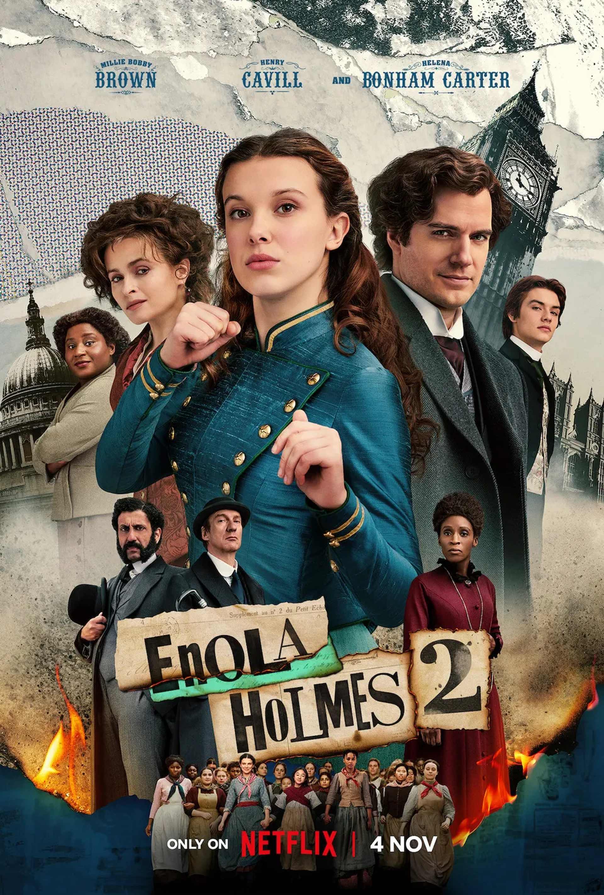 Helena Bonham Carter, David Thewlis, Henry Cavill, Sharon Duncan-Brewster, Serrana Su-Ling Bliss, Abbie Hern, Gabriel Tierney, Susan Wokoma, Adeel Akhtar, Himesh Patel, Róisín Monaghan, Millie Bobby Brown, and Louis Partridge in Enola Holmes 2 (2022)