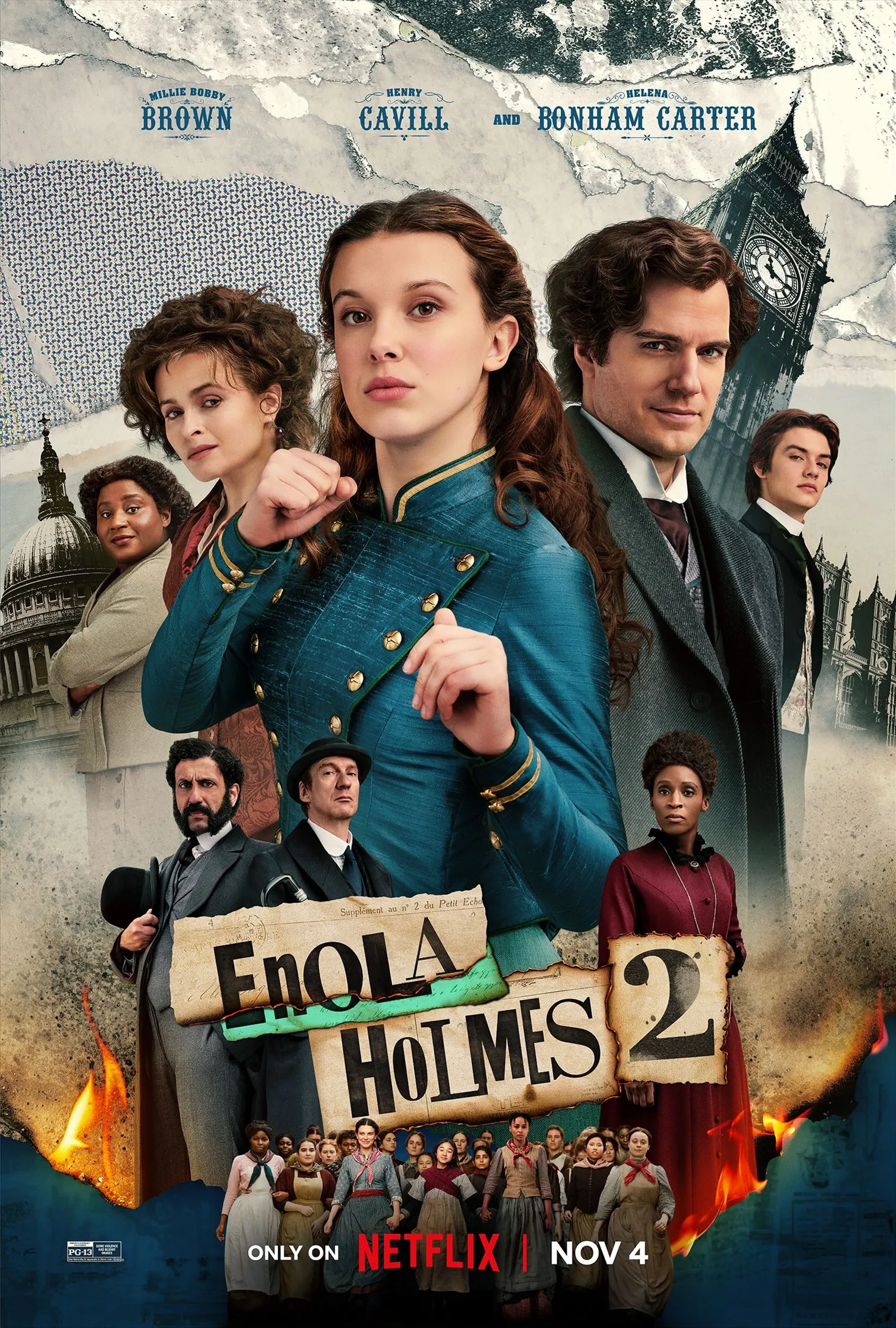 Helena Bonham Carter, David Thewlis, Henry Cavill, Sharon Duncan-Brewster, Serrana Su-Ling Bliss, Abbie Hern, Susan Wokoma, Adeel Akhtar, Millie Bobby Brown, and Louis Partridge in Enola Holmes 2 (2022)