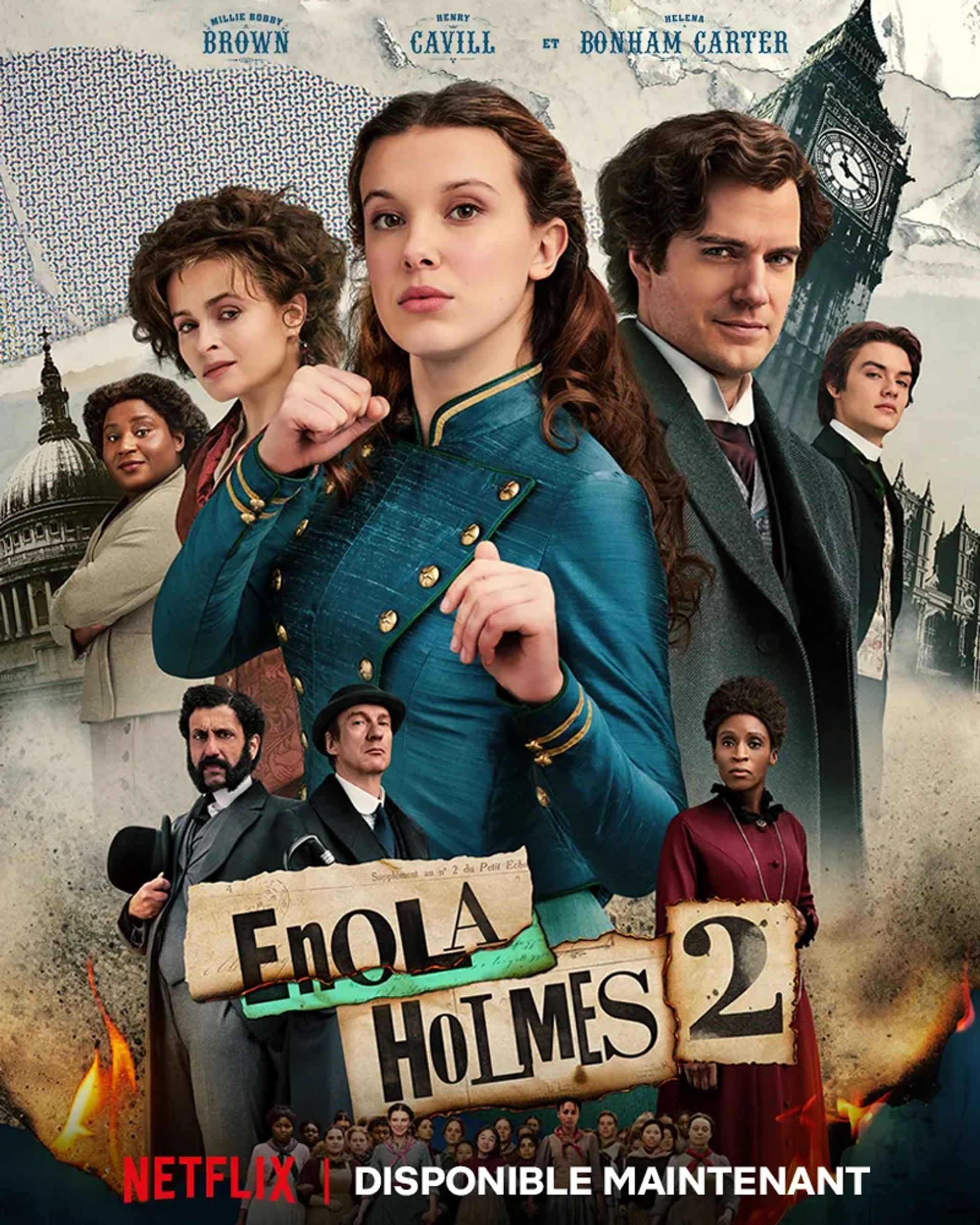 Helena Bonham Carter, David Thewlis, Henry Cavill, Susan Wokoma, Millie Bobby Brown, and Louis Partridge in Enola Holmes 2 (2022)