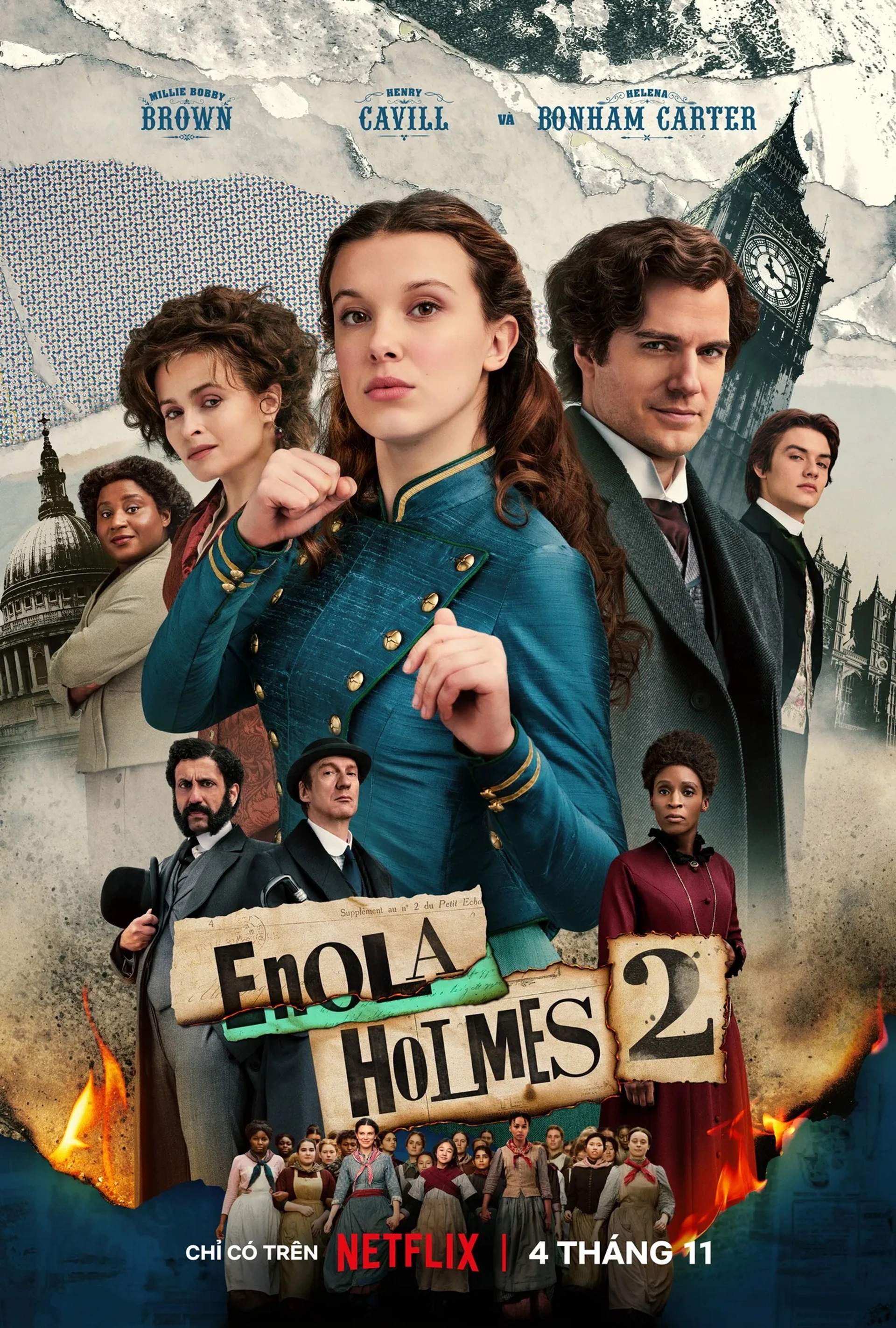 Helena Bonham Carter, David Thewlis, Henry Cavill, Sharon Duncan-Brewster, Serrana Su-Ling Bliss, Abbie Hern, Susan Wokoma, Adeel Akhtar, Himesh Patel, Róisín Monaghan, Millie Bobby Brown, Louis Partridge, and Hannah Dodd in Enola Holmes 2 (2022)