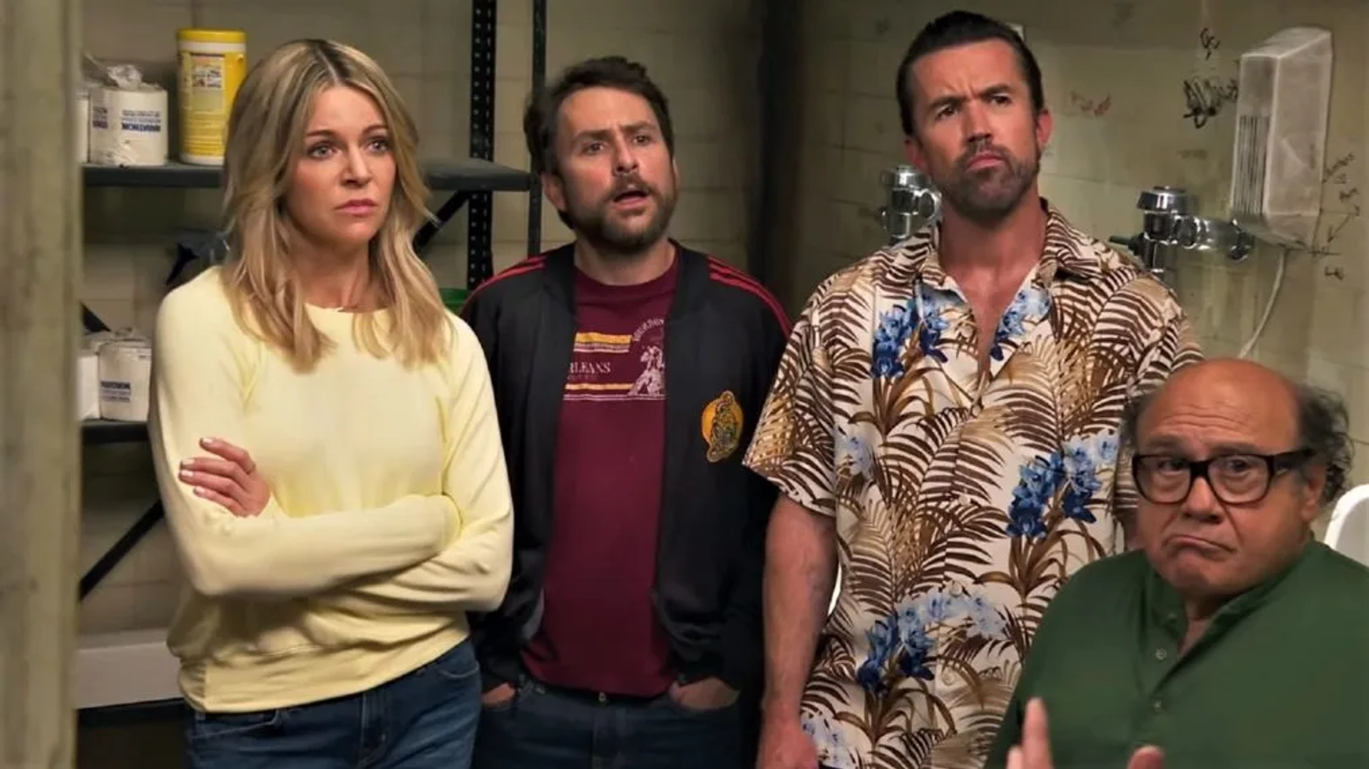 Danny DeVito, Charlie Day, Rob McElhenney, Kaitlin Olson, and Glenn Howerton in It's Always Sunny in Philadelphia (2005)