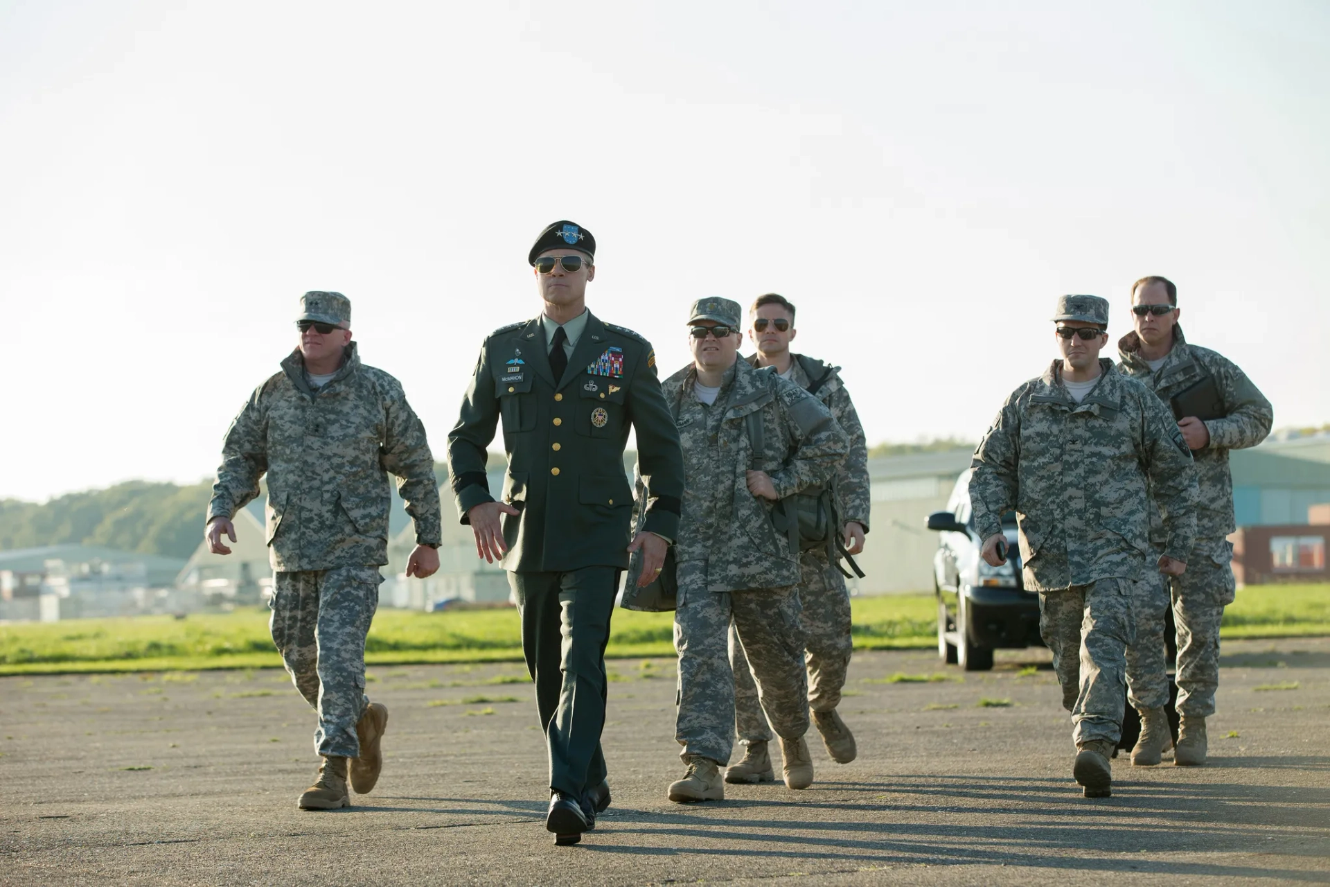 Brad Pitt, Anthony Michael Hall, Daniel Betts, Topher Grace, Anthony Hayes, and John Magaro in War Machine (2017)