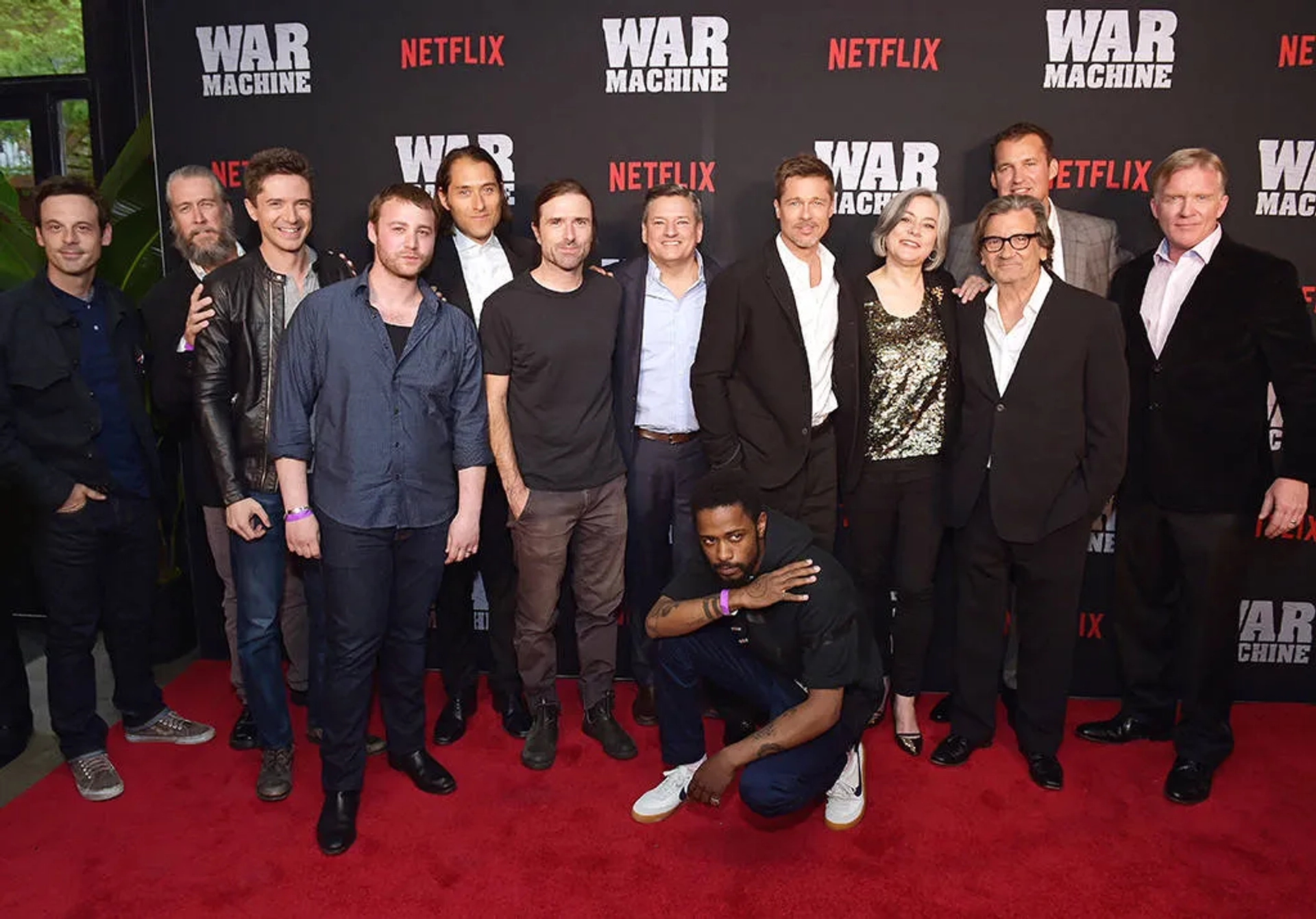 Brad Pitt, Meg Tilly, Anthony Michael Hall, Topher Grace, Scoot McNairy, Jeremy Kleiner, Emory Cohen, David Michôd, and LaKeith Stanfield at an event for War Machine (2017)