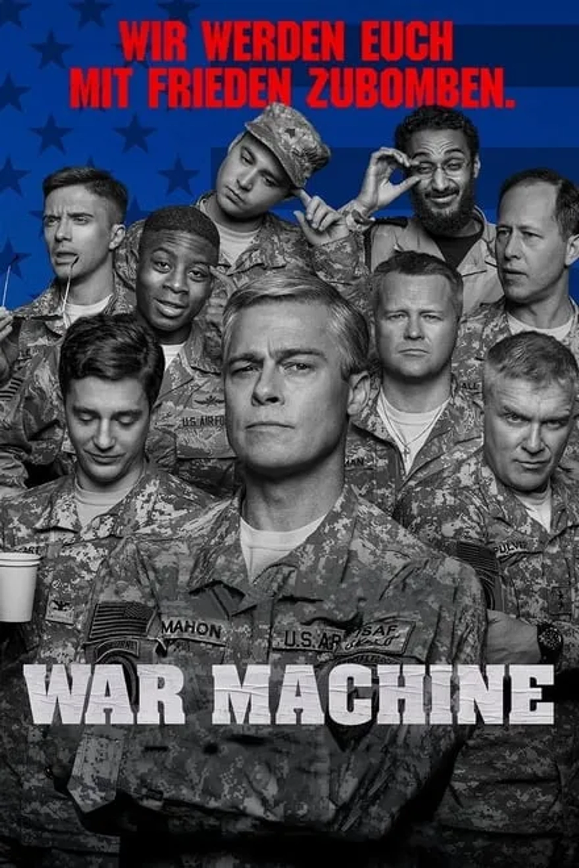 Brad Pitt, Anthony Michael Hall, Daniel Betts, Topher Grace, Anthony Hayes, Emory Cohen, John Magaro, Aymen Hamdouchi, and RJ Cyler in War Machine (2017)