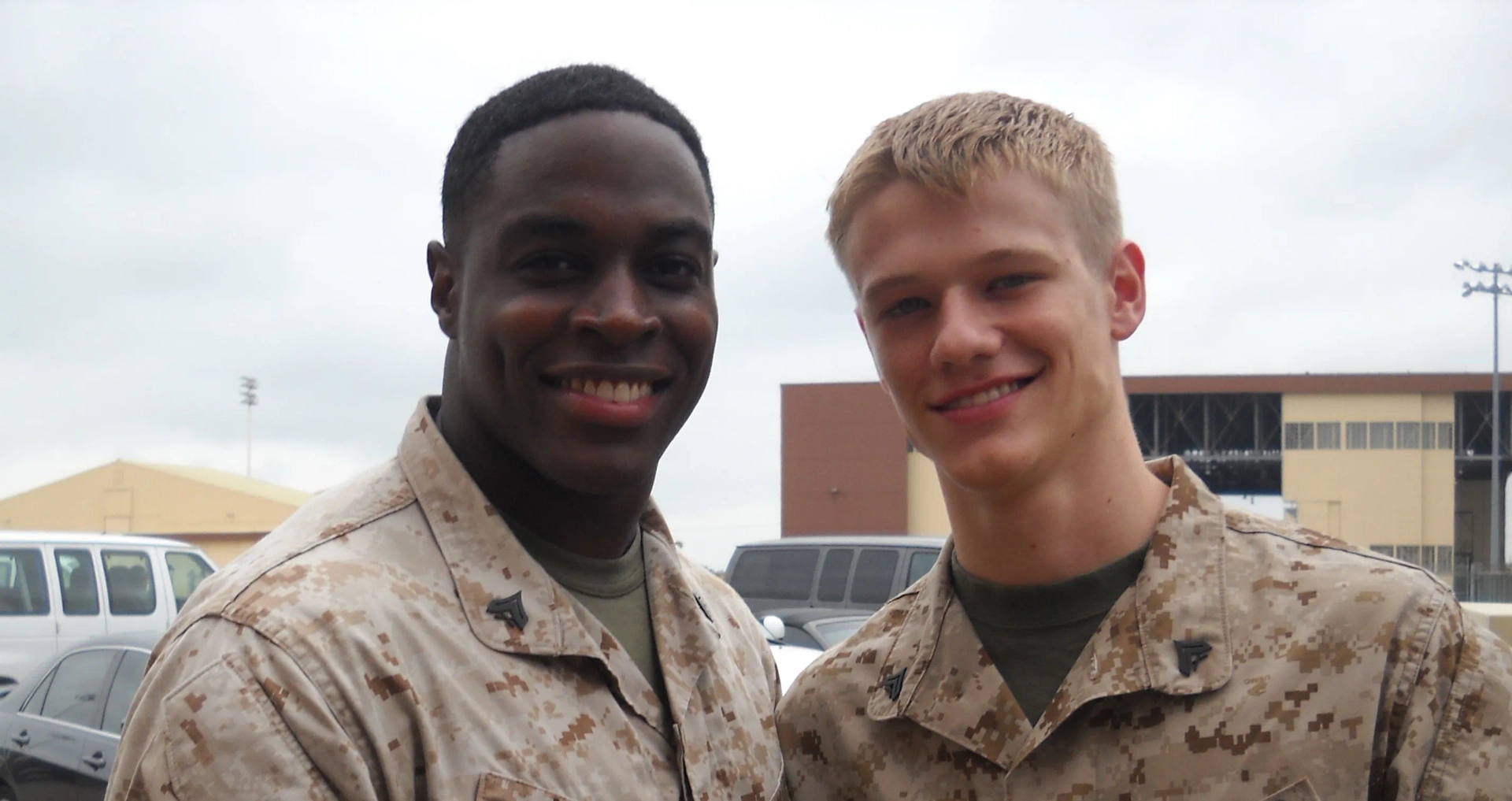 Nick Jones Jr. and Lucas Till on set of Battle: Los Angeles.