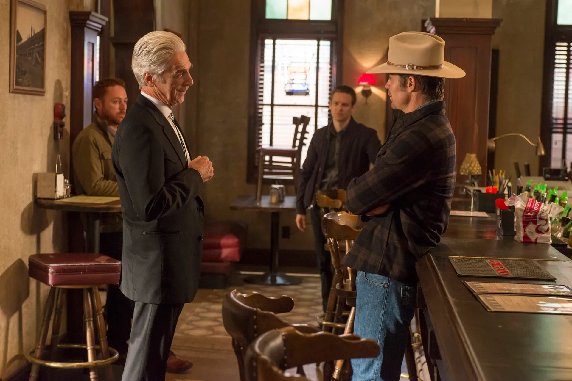 Sam Elliott, Scott Grimes, Timothy Olyphant, and Jacob Pitts in Justified (2010)