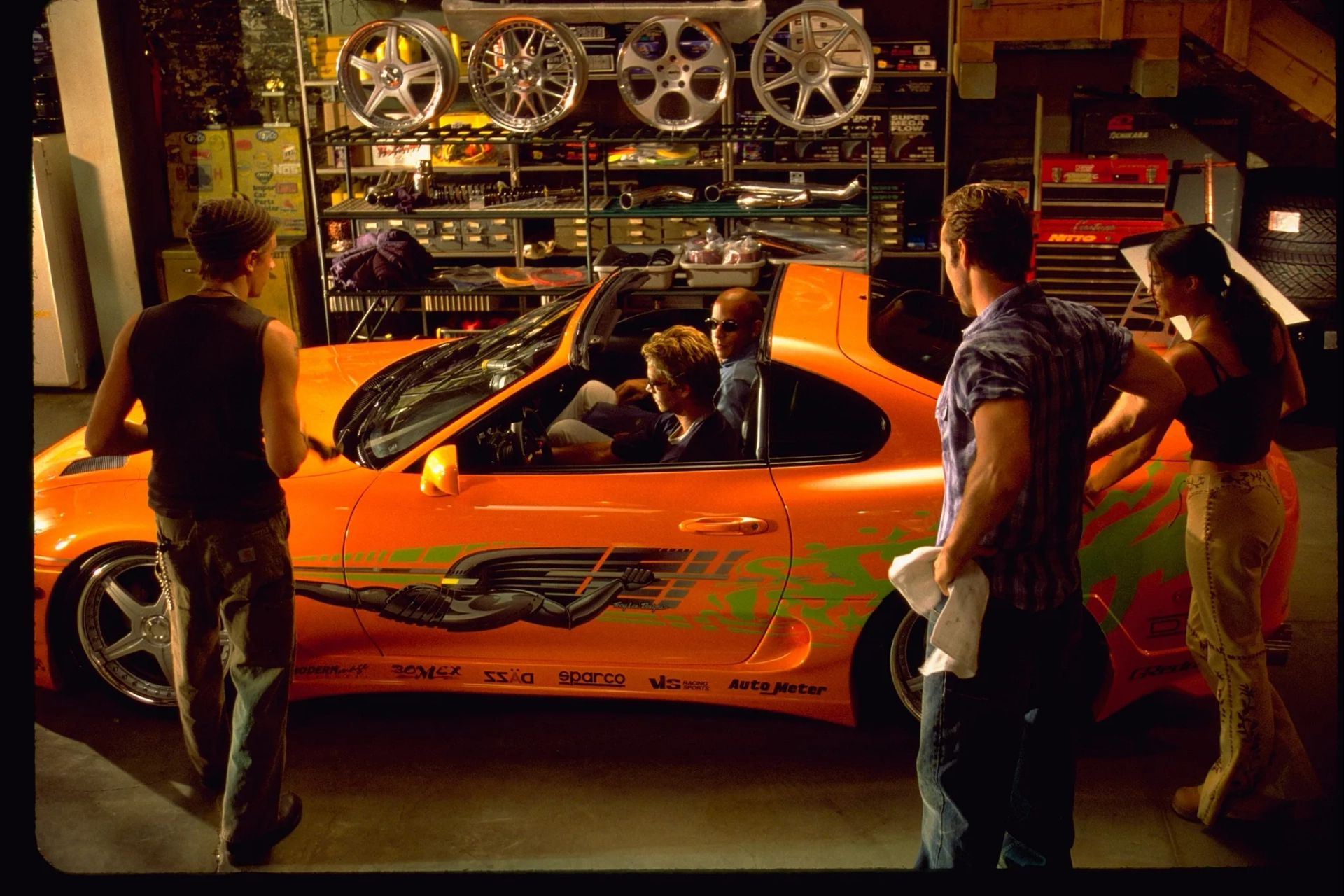 Vin Diesel, Chad Lindberg, Michelle Rodriguez, Johnny Strong, and Paul Walker in The Fast and the Furious (2001)