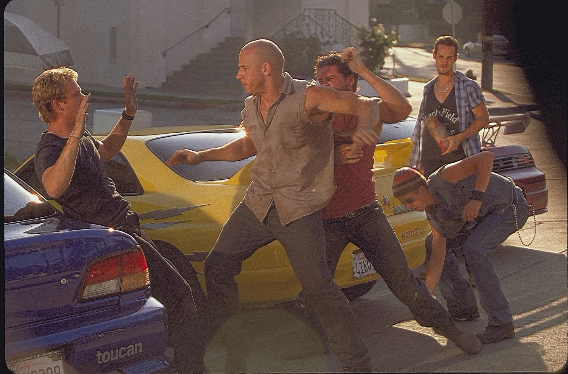 Vin Diesel, Chad Lindberg, Matt Schulze, Johnny Strong, and Paul Walker in The Fast and the Furious (2001)