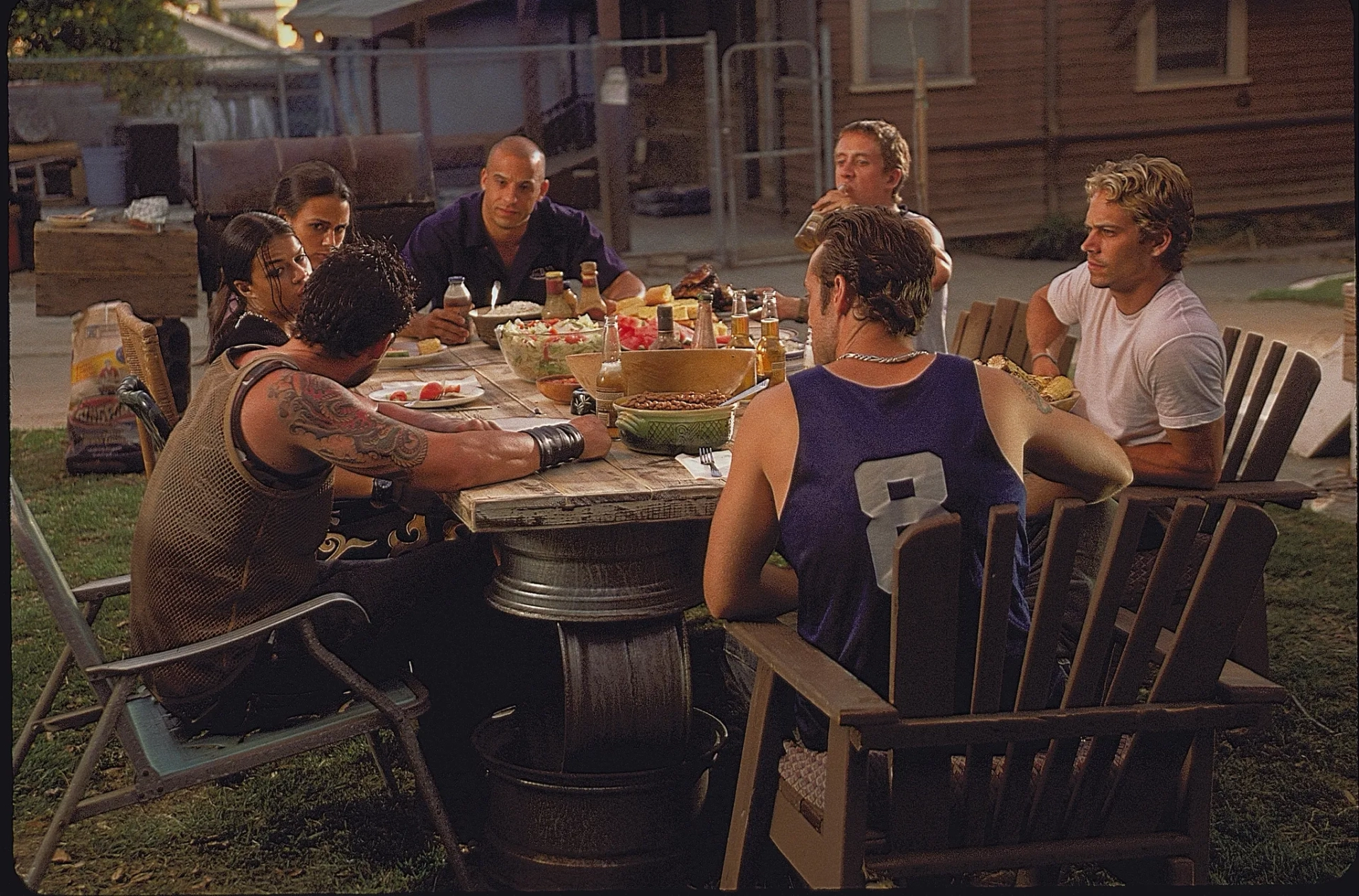 Vin Diesel, Jordana Brewster, Chad Lindberg, Michelle Rodriguez, Matt Schulze, Johnny Strong, and Paul Walker in The Fast and the Furious (2001)